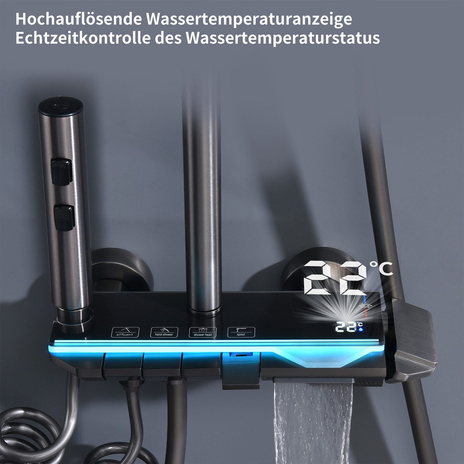 HOMELODY Duschsystem Gunmetal Regendusche LED Messing Wasserfall, 4 Strahlart(en), Warm & Kalt, 3-Funktionsbrause mit Spritzpistole