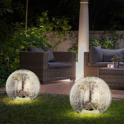 etc-shop LED Gartenleuchte, 2er Set LED Außen Solar Steck Lampen Kugel Garten Erdspieß Glas Leuchten klar
