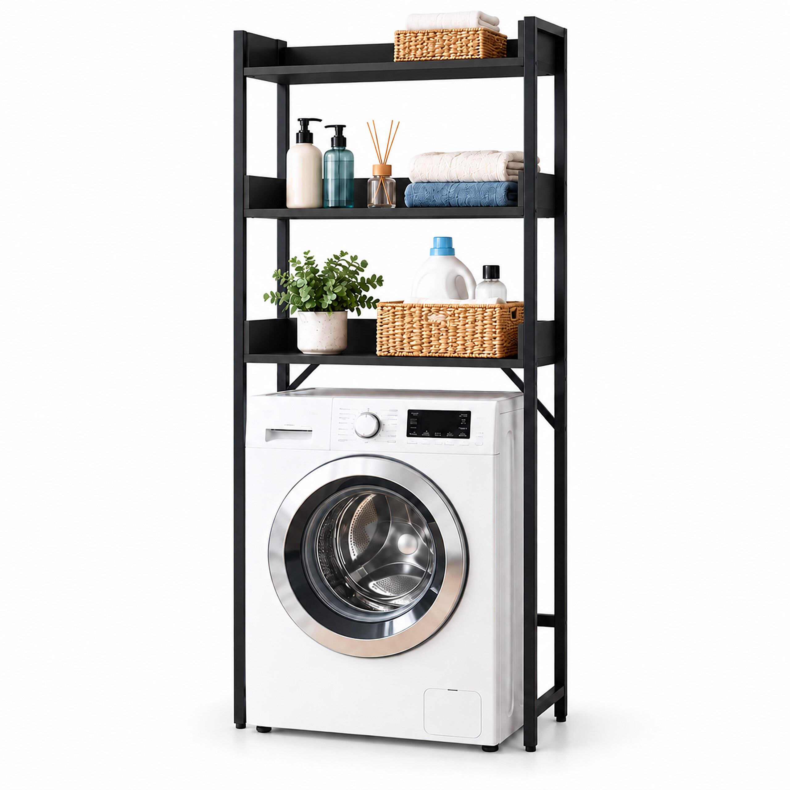 relaxdays Standregal Waschmaschinenregal 166 cm, 1-tlg., schwarz, Schwarzes Metall