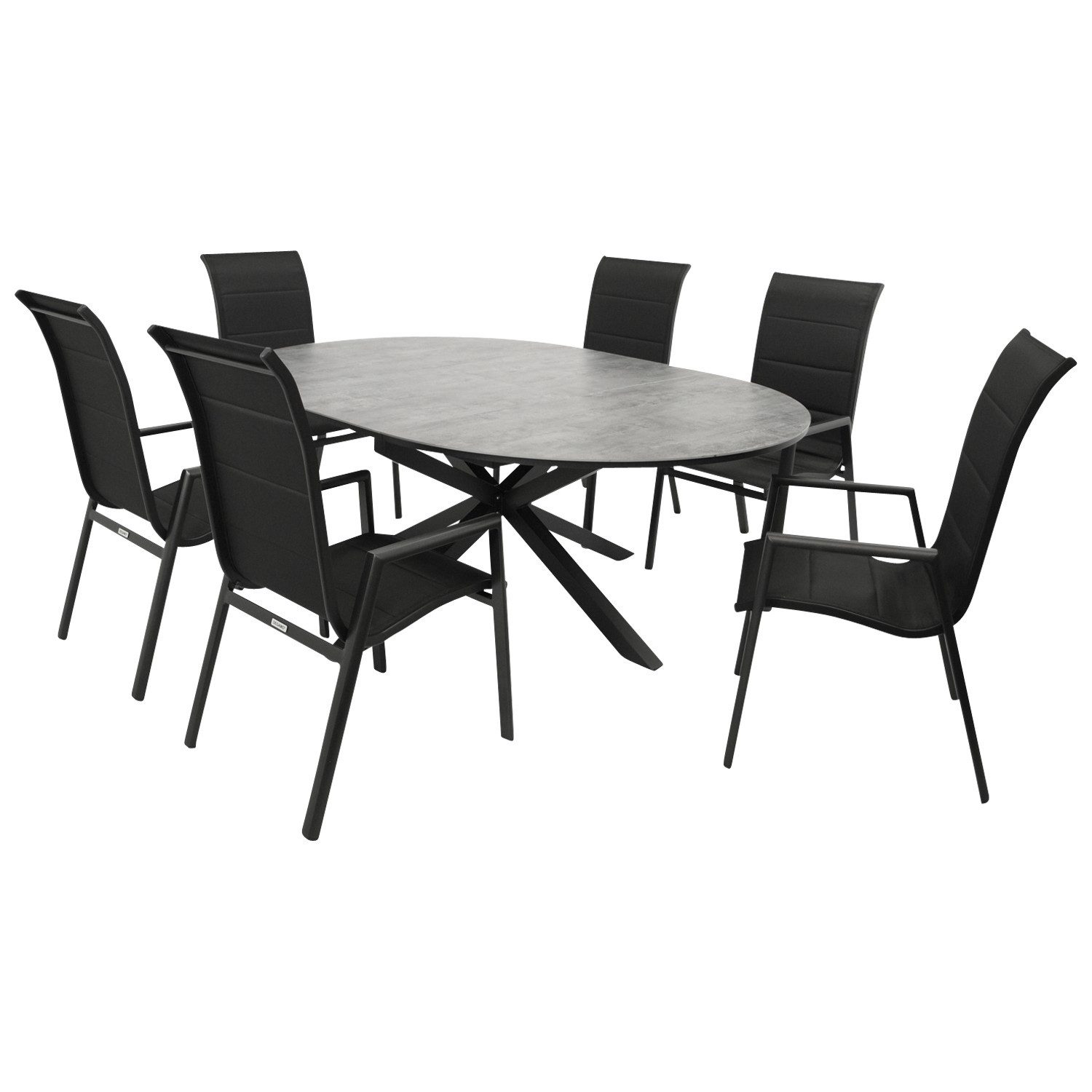 DEGAMO Garten-Essgruppe LYON Hochlehner, (7-tlg., 6x Sessel Hochlehner, 1x Ausziehtisch), Alu anthrazit, Stapelsessel, Tisch ausziehbar, Platte ECP Steinoptik