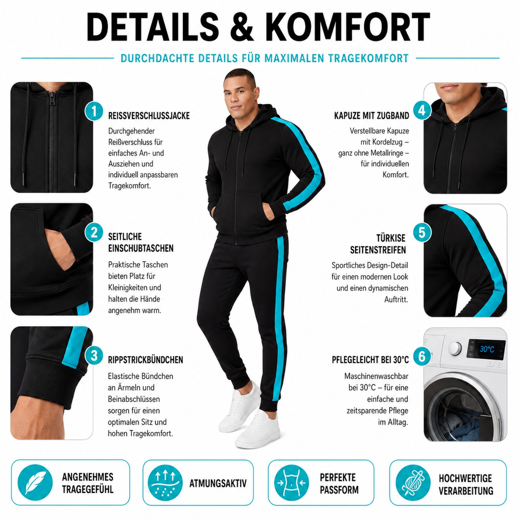 L.gonline Freizeitanzug Herren Jogginganzug zweifarbig sportlich mit Streifen, 526 (Kapuzenjacke mit Reißverschluss, Hose, 2-tlg), Fitness Freizeit Casual – Bild 5 von 5
