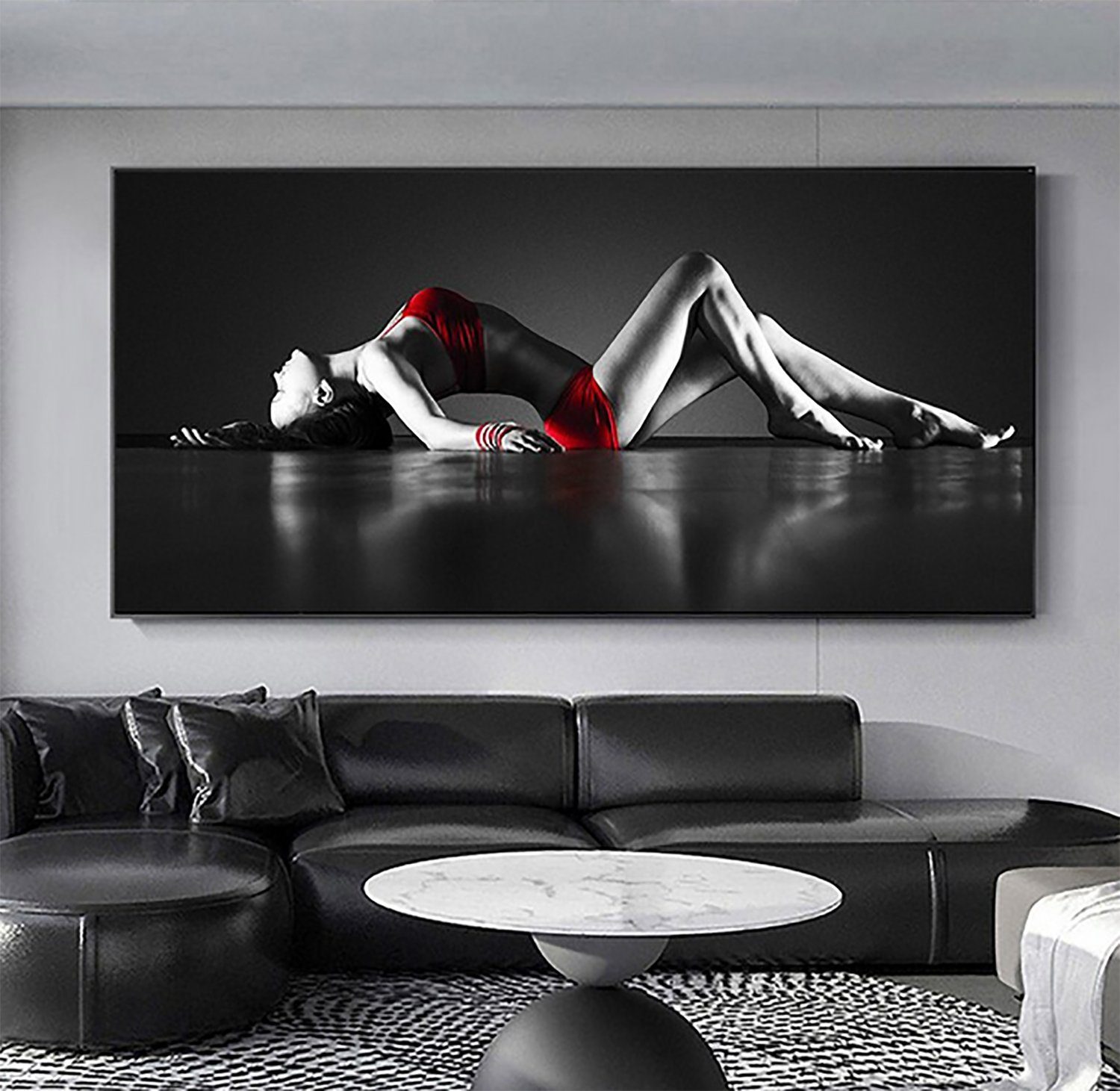 TPFLiving Kunstdruck (OHNE RAHMEN) Poster - Leinwand - Wandbild, Nackte Frau in roter Lingerie - Akt mit rotem Nachthemd (Leinwand Wohnzimmer, Leinwand Bilder, Kunstdruck), Farben: Schwarz, Weiß, Rot - Größe 30x60cm