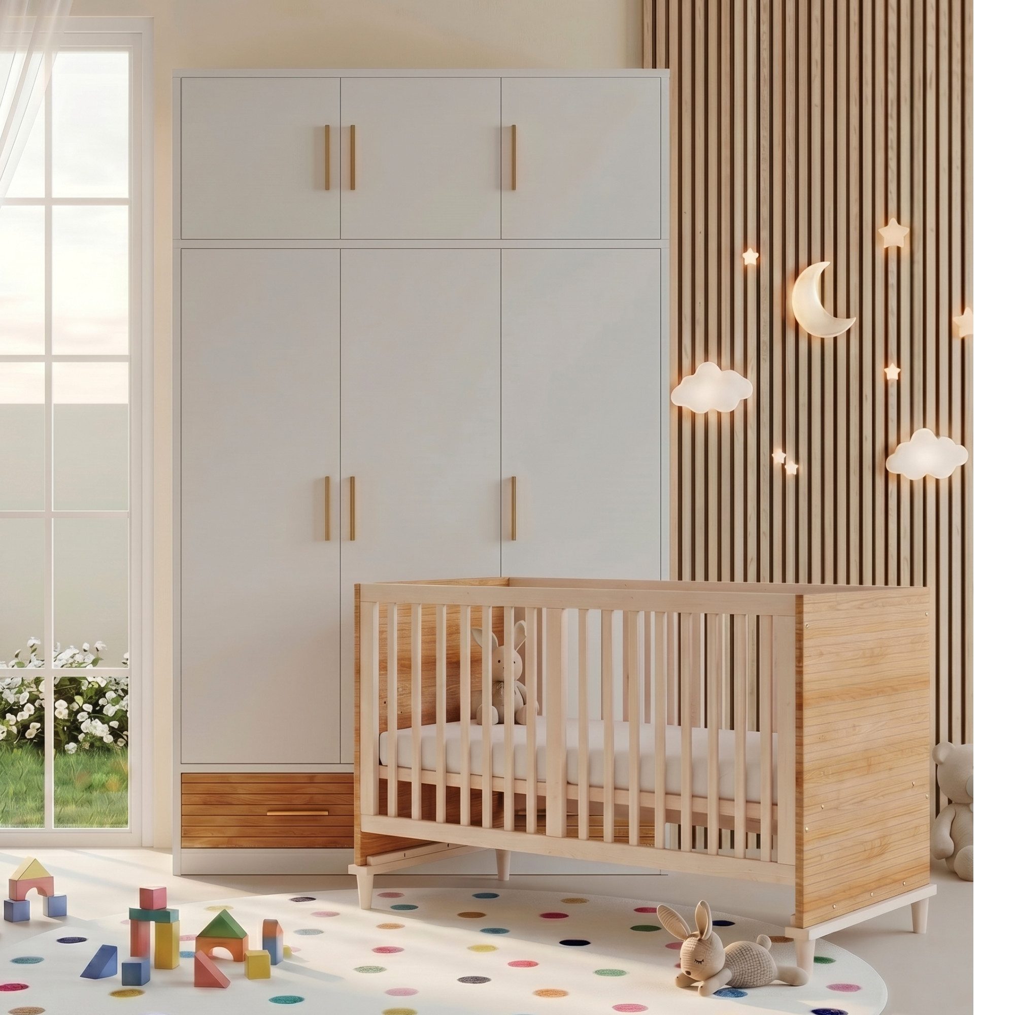 MIBODE Babymöbel-Set 3-tlg. Babyzimmer Set: Bett & Kleiderschrank, Naturholz