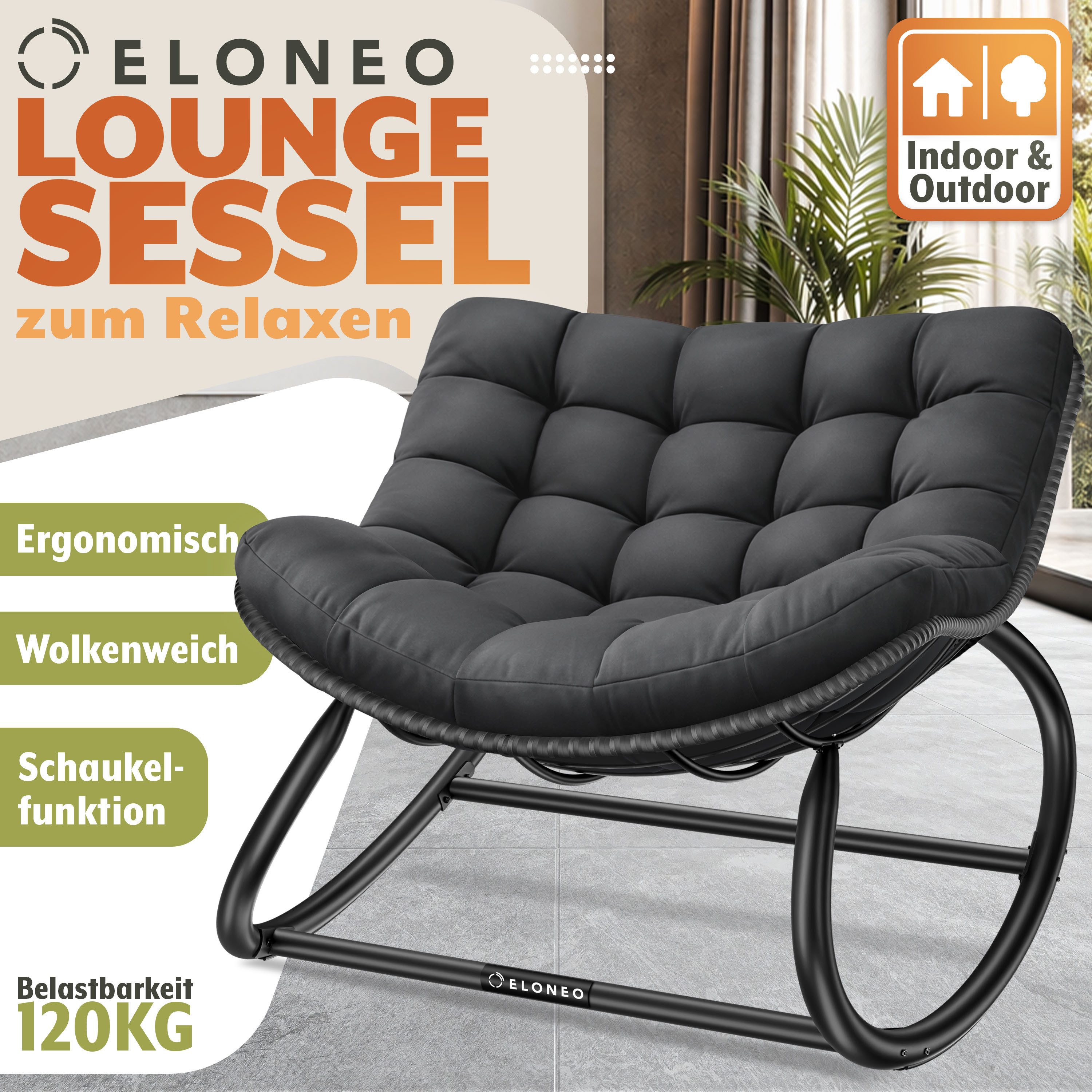 ELONEO Schaukelstuhl – Relax Schaukelsessel für Garten & Balkon (kippsicher, max. Belastung 120kg, witterungsbeständig), ergonomischer Loungesessel / Relaxsessel für Garten & Wohnzimmer