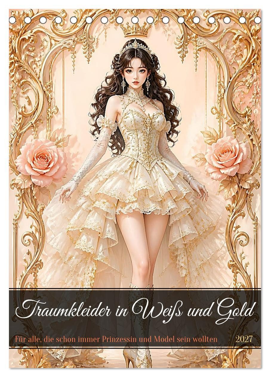 CALVENDO Wandkalender Traumkleider in Weiß und Gold (Tischkalender 2027 DIN A5 hoch), CALVEN