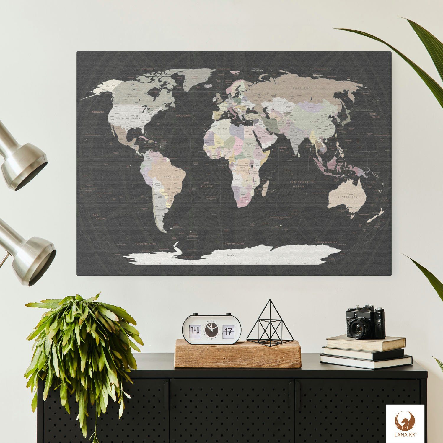Weltkarte KK markieren Beschriftung Leinwandbild Grey Reisezielen, deutsche LANA von Pinnwand zum