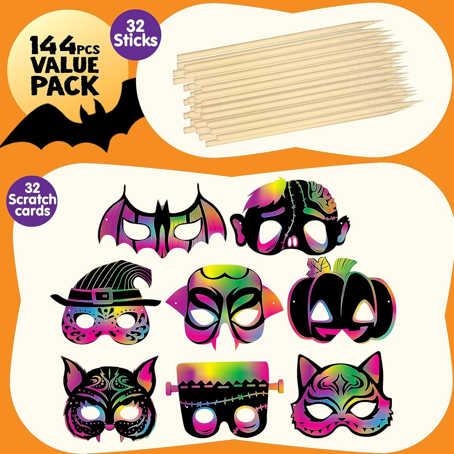 JOYIN Verkleidungsmaske JOYIN Halloween Kratzmasken, 32 Stk., 8 Designs, Partyzubehör