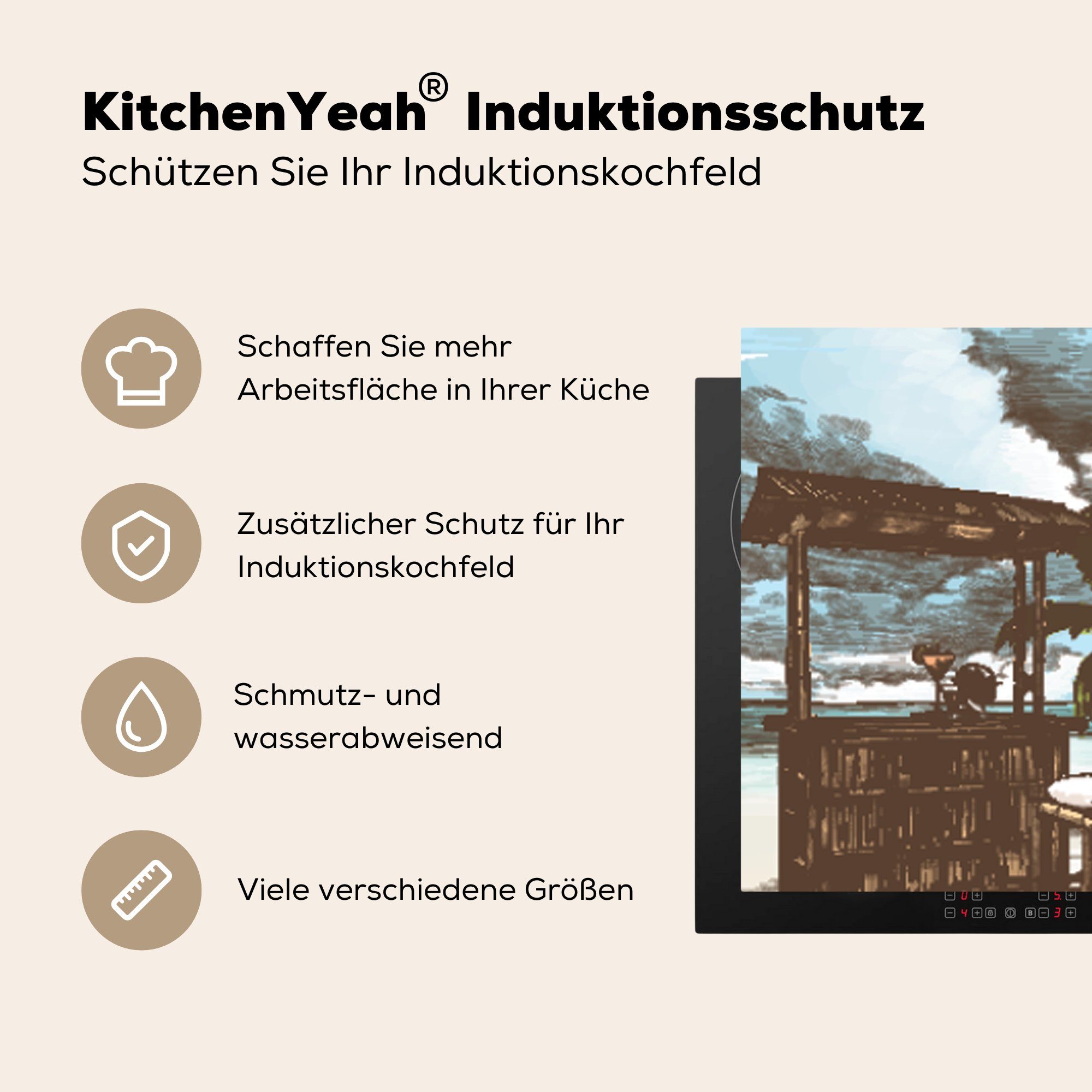 MuchoWow Herdblende-/Abdeckplatte für - cm, küche Hütte, (1 78x78 tlg), Vinyl, Ceranfeldabdeckung, Arbeitsplatte Strand Palme 