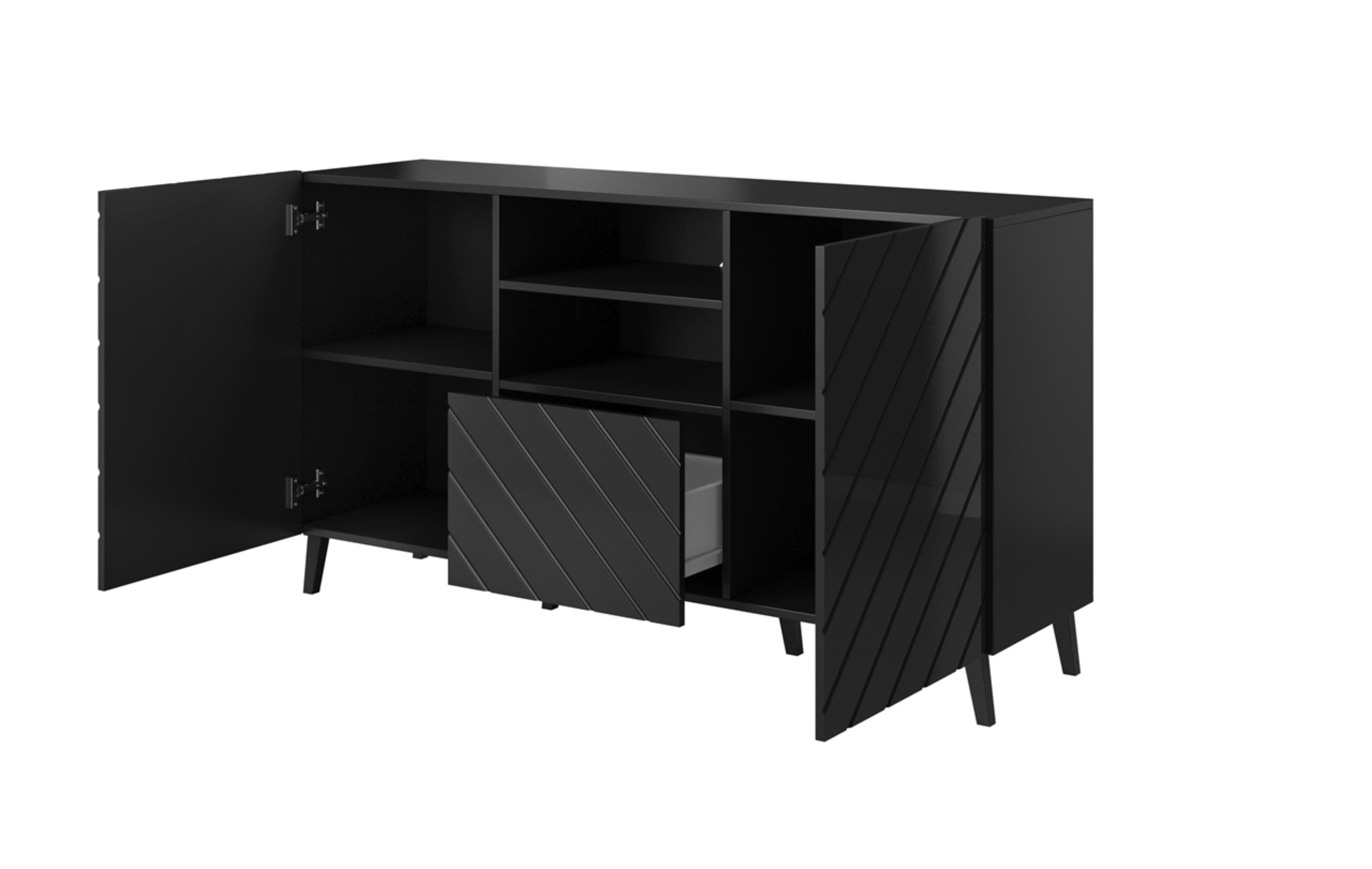 T41,6 Furnix mit Ziertüren/Metallgestell und cm Schwarz Glanz Sideboard Kommode Hochglanz, Schublade H82 x B150 x ODELIA