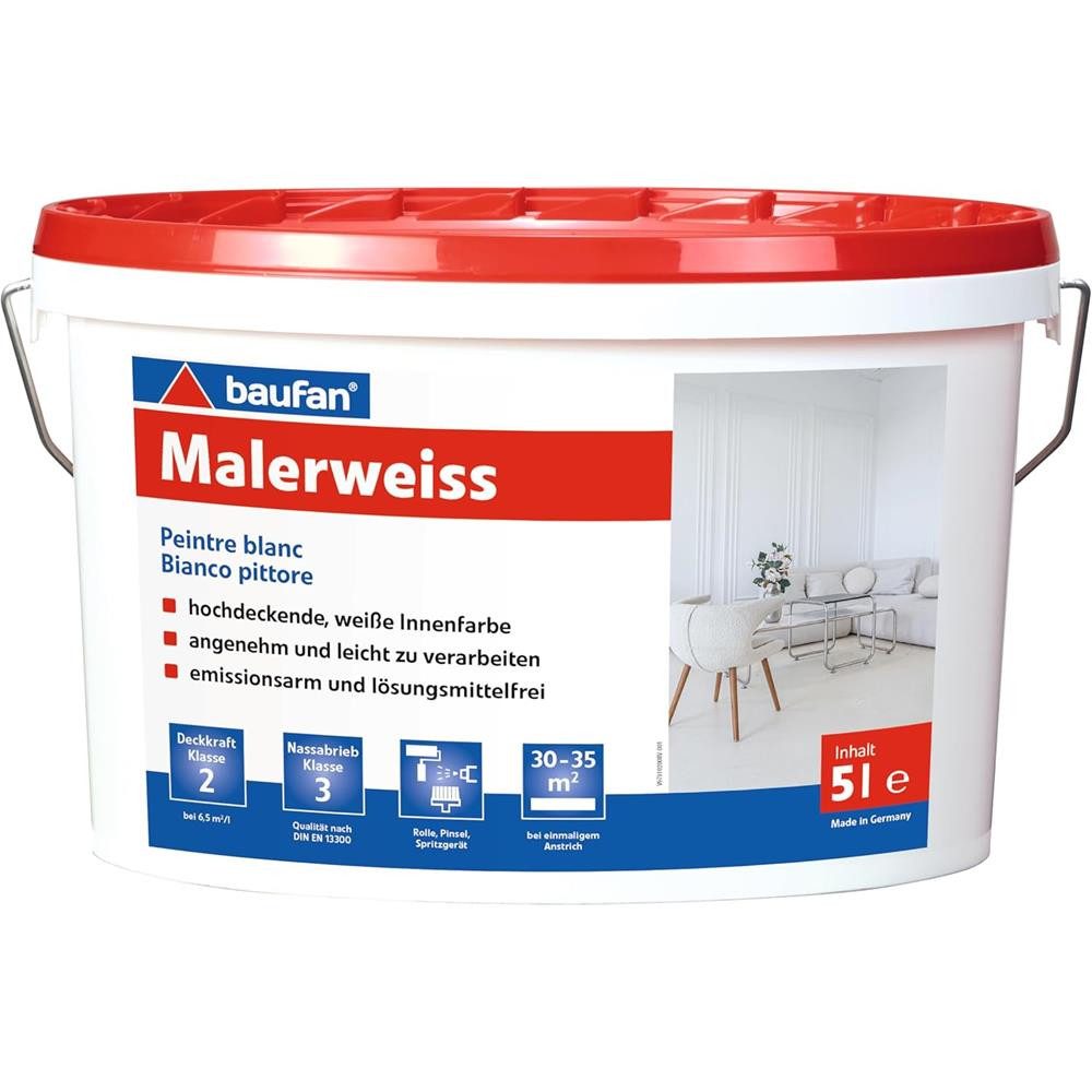 baufan® Wandfarbe Malerweiss 5L weiße matte Innenfarbe lösungsmittelfrei, Weiß, waschbeständig, emissionsarm und lösungsmittelfrei