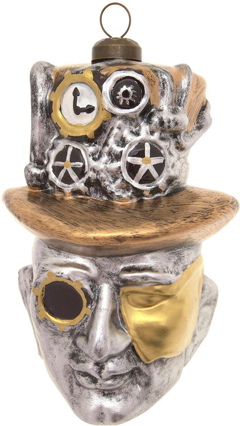 Krebs Glas Lauscha Christbaumschmuck Steampunk Kopf, Silber/Gold, 11cm (1-tlg), Christbaumschmuck aus Glas, mundgeblasen, handgefertigt, Figur