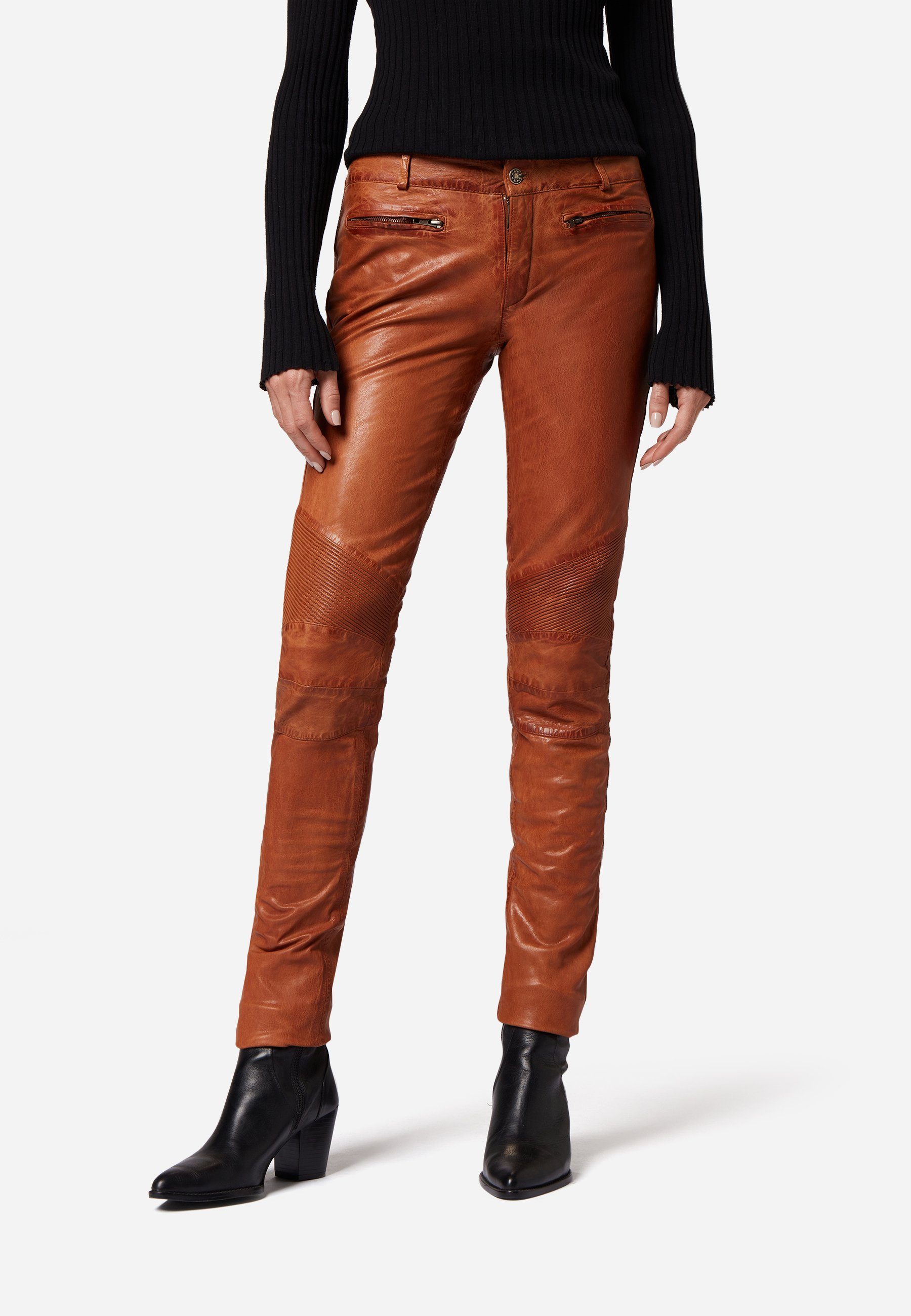 RICANO Lederhose Donna hochwertiges Ziegenleder Cognac