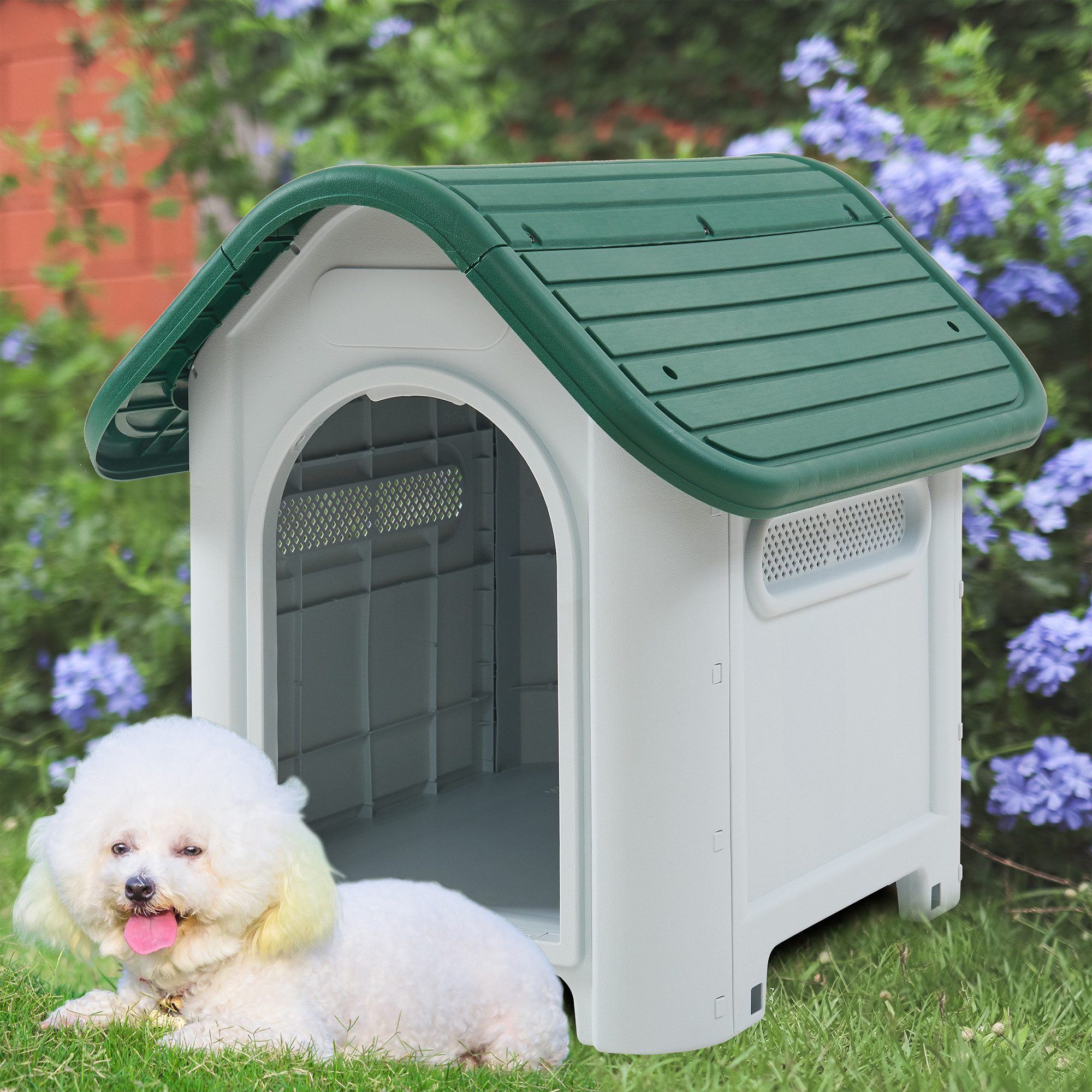 en.casa Hundehütte, »Bello« Hundehaus 75 x 59 x 66 cm Kunststoff Weiß/Grün