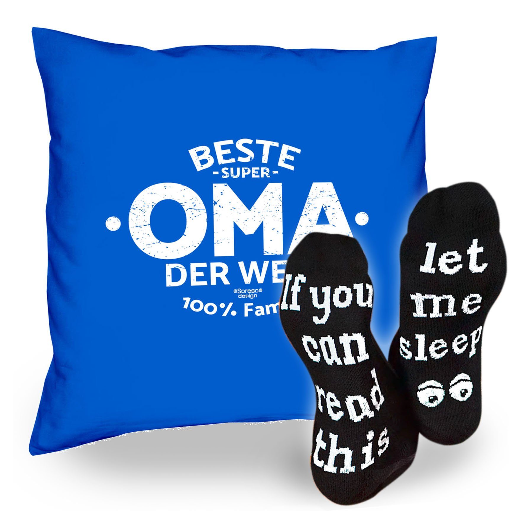 Soreso® Dekokissen Kissen Beste Oma der Welt & Sprüche Socken Sleep, Muttertagsgeschenk Oma Omatag royal-blau