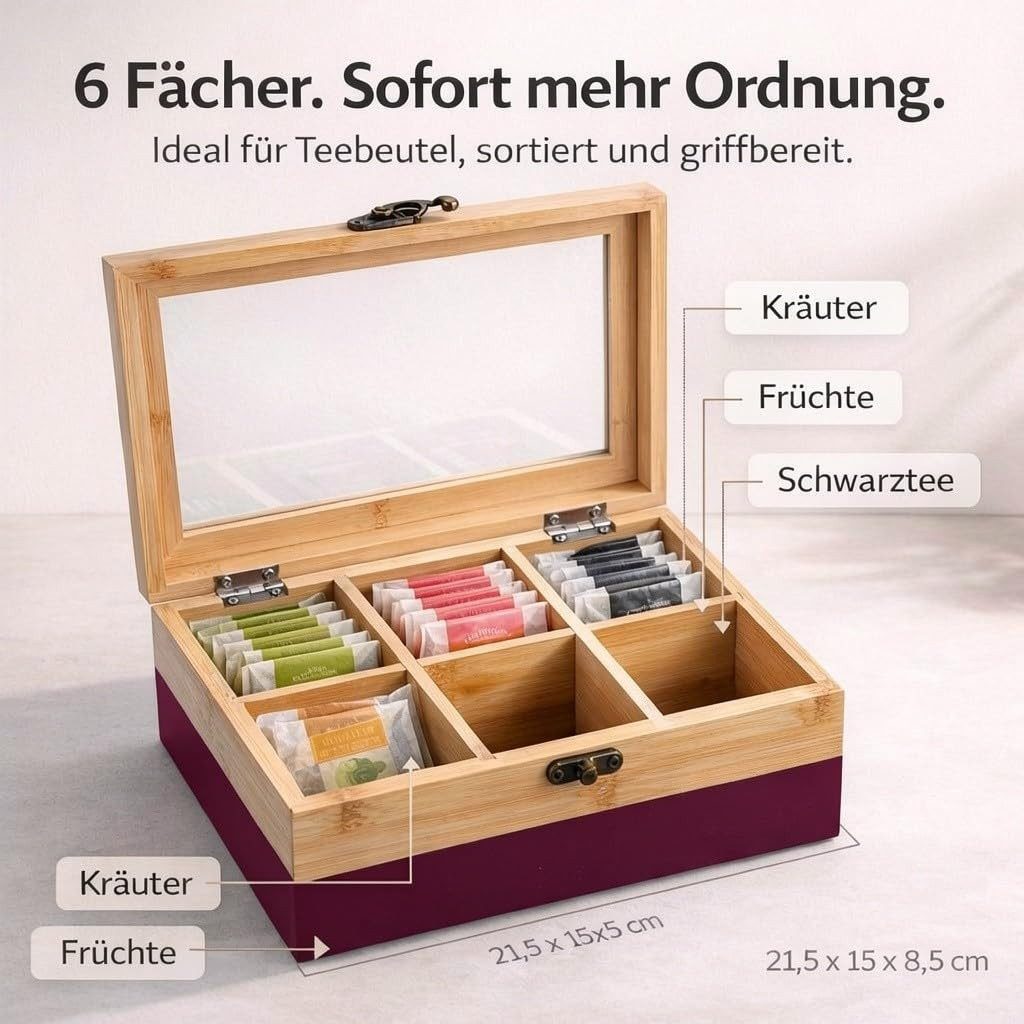 Neustanlo Aufbewahrungsbox Teebox aus FSC Bambus mit Sichtfenster, 6 Fächer, 21,5x15x8,5 cm, Retro Verschluss, Beere Natur