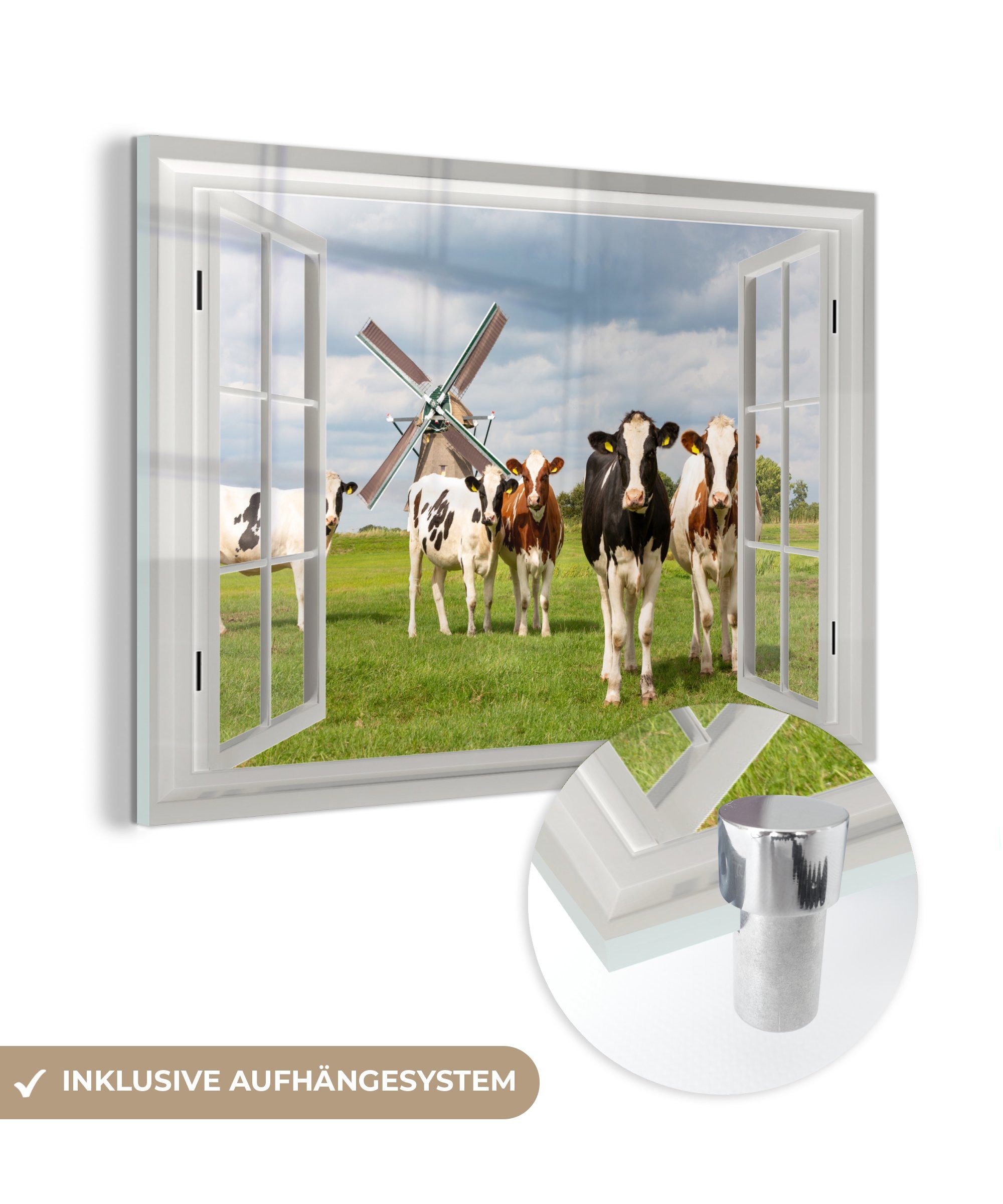 MuchoWow Acrylglasbild Ansicht - Kuh - Mühle, (1 St), Glasbilder - Bilder auf Glas Wandbild - Foto auf Glas - Wanddekoration