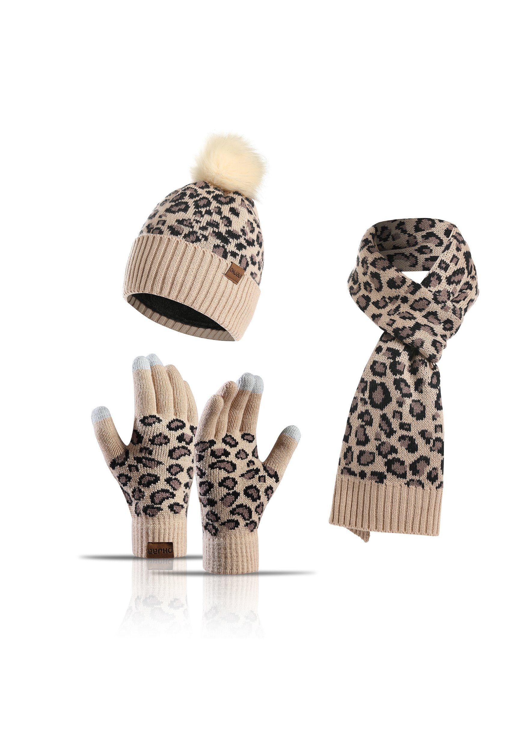 MAGICSHE Mütze & Set Leopardenmuster Schal Gelb Handschuhe Schal