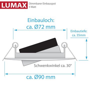 Maxkomfort LED Einbauleuchte LUMAX, LED fest integriert, warmweiß, 3000K, warmweiß, dimmbar, einbauspot, deckenspot, rund, 400 lumen, schwenkbar, flach