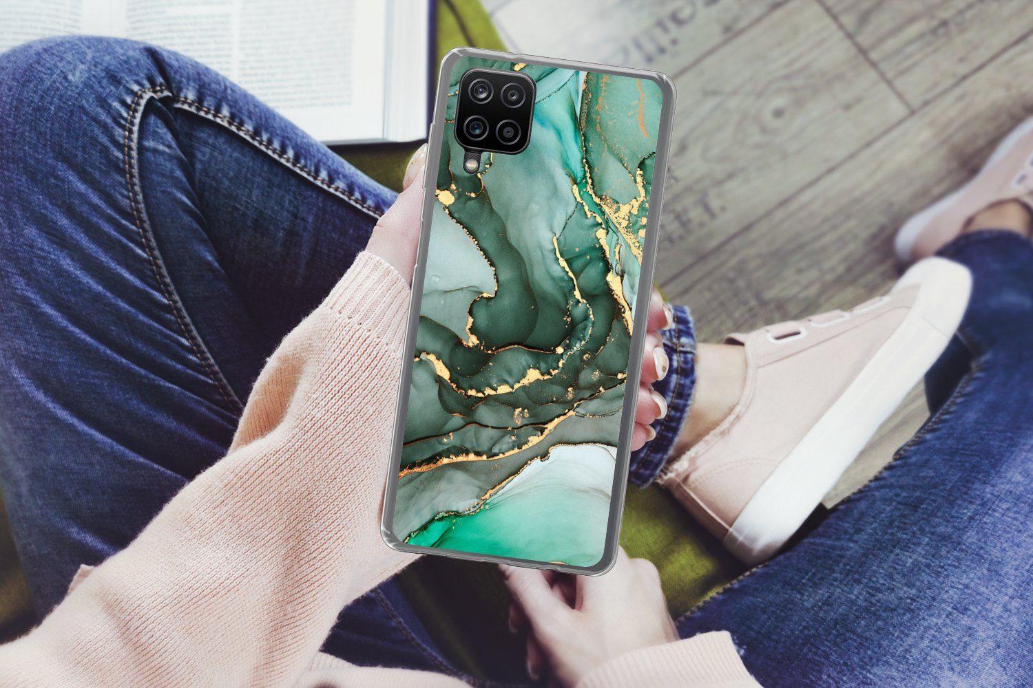 MuchoWow Handyhülle für Samsung Galaxy A12 Gold - Marmor - Grün - Luxus - Marmoroptik - Gr, Smartphone-Bumper, Print, Handy Schutzhülle Dünn