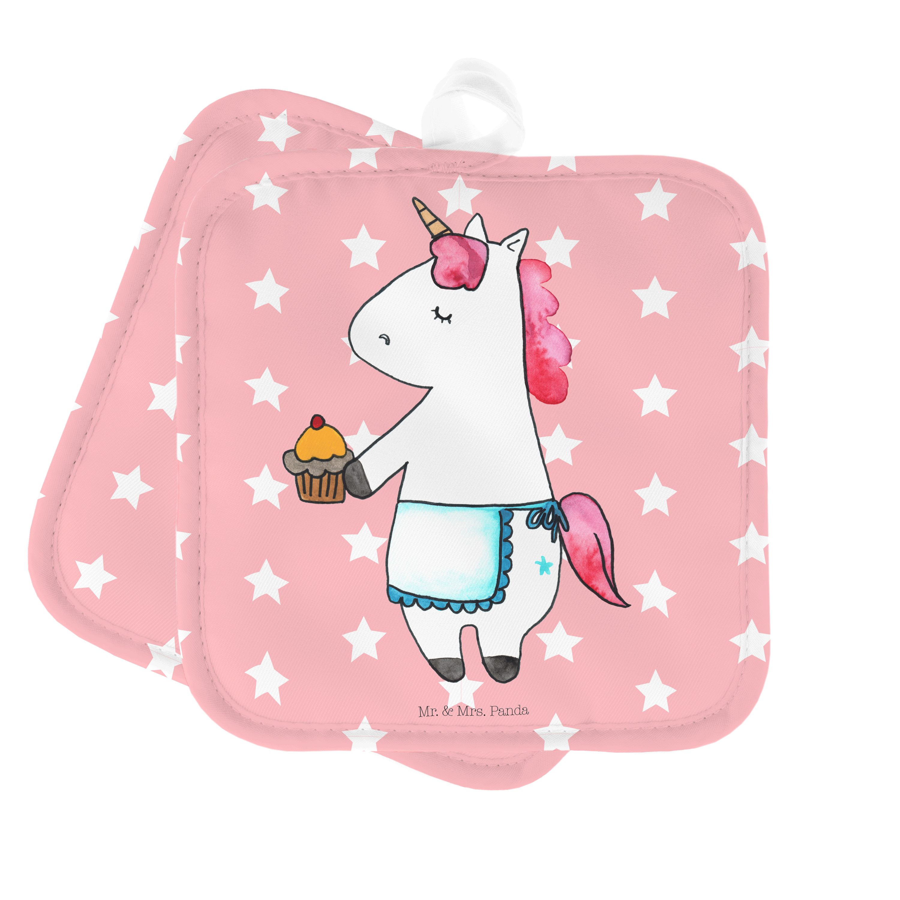 Mr. & Mrs. Panda Topflappen Einhorn Muffin, Topfuntersetzer, Rot Pastell, Topflappen Set, Unicorn, (Packung), Doppel Topflappen Topflappenset Topflappen Set