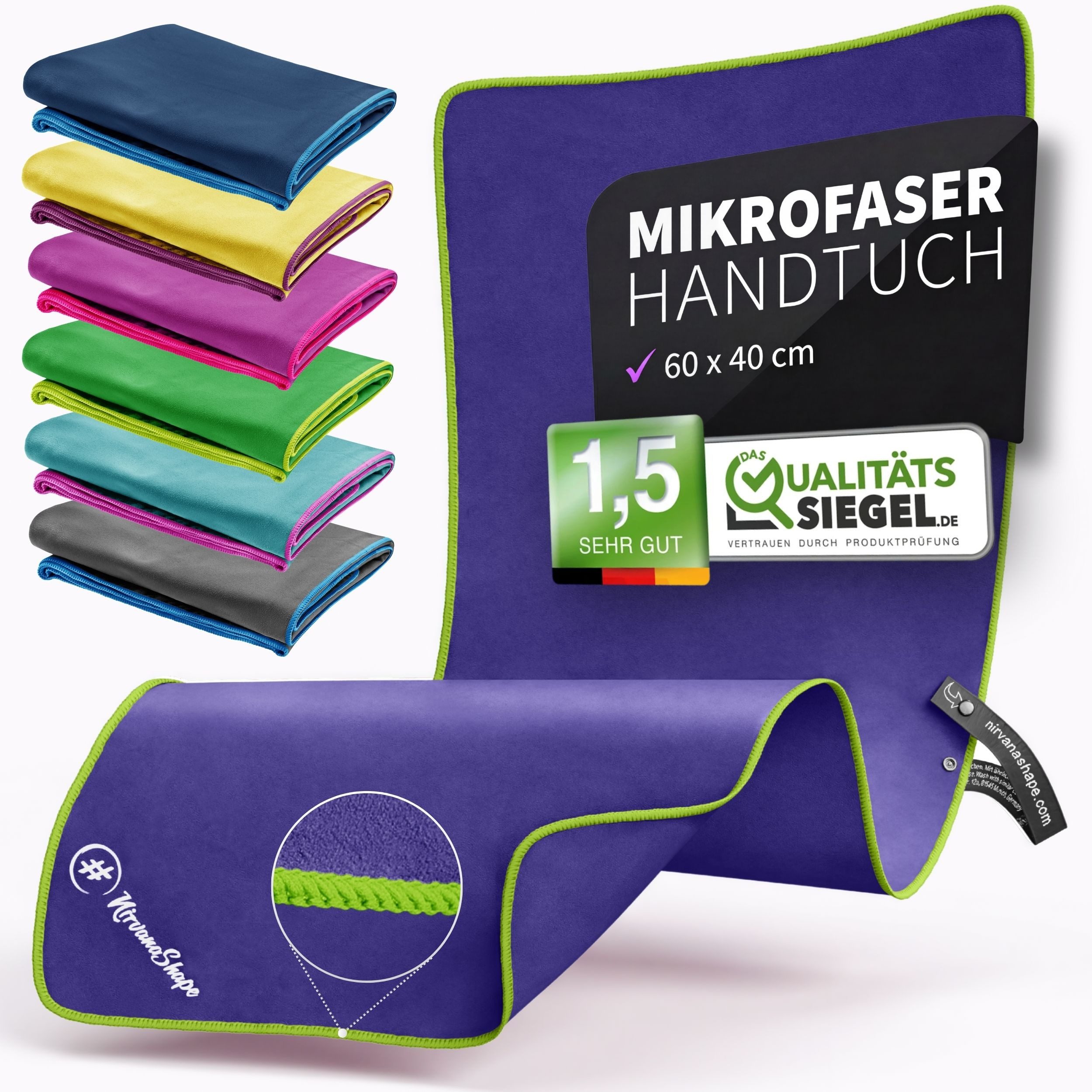 NirvanaShape Reisehandtuch Mikrofaser Handtücher Set, Badehandtuch, Reisehandtuch, Strandtuch, Ecktasche mit Reißverschluss, saugfähig, leicht, schnelltrocknend