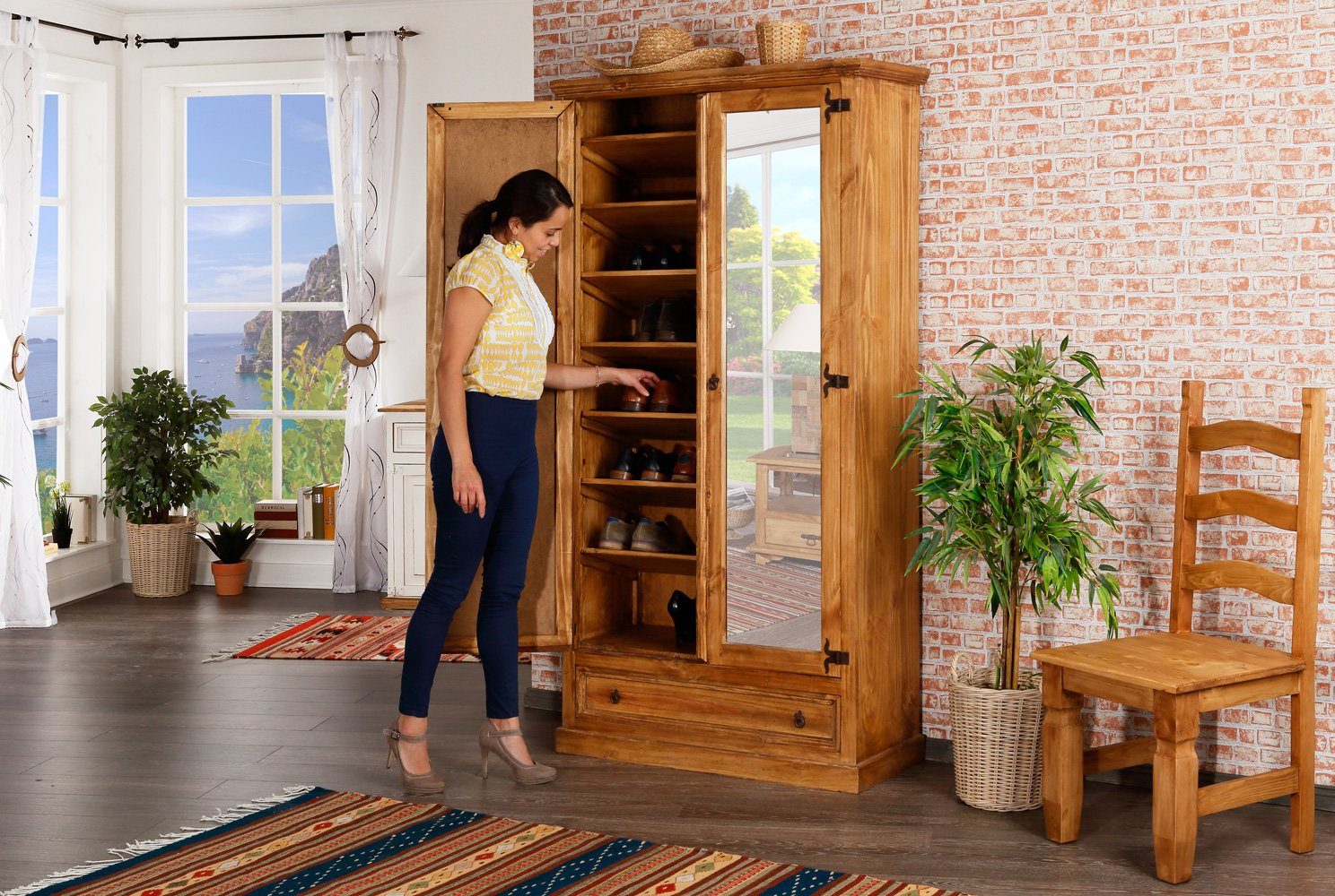 1a Direktimport Schuhschrank Mexico Möbel XL Schuhschrank Spiegel - Pinie Massivholz - Landhaus