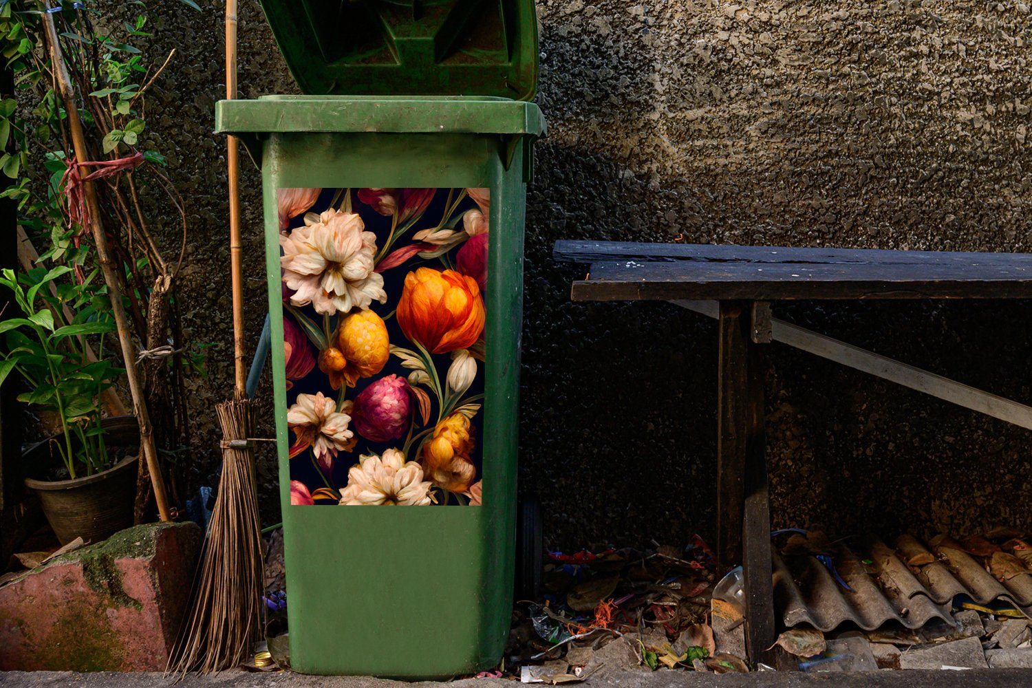 MuchoWow Wandsticker Blumen Abfalbehälter Mülltonne, Pflanzen Mülleimer-aufkleber, Container, Sticker, St), (1 - Weiß 