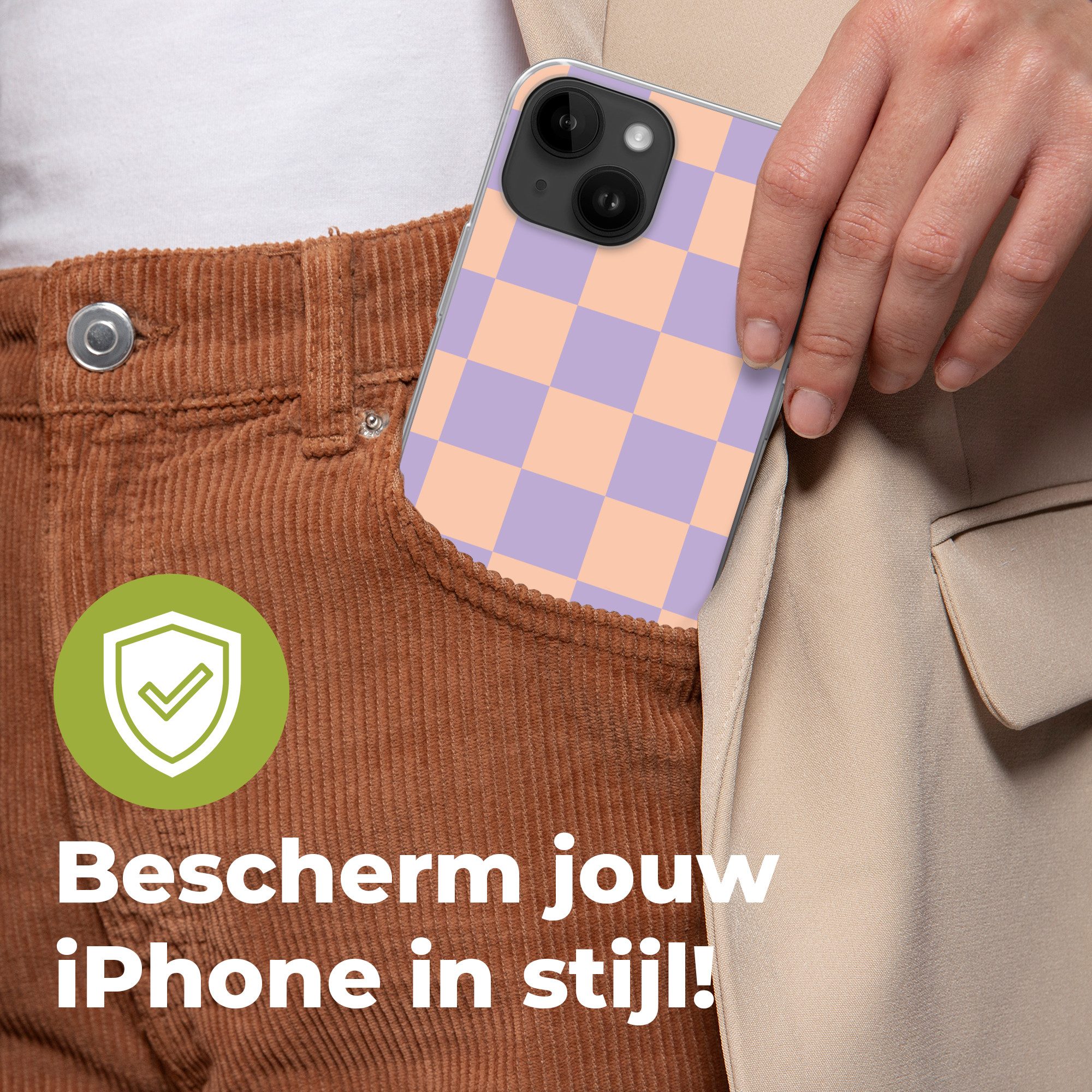 MuchoWow Handyhülle für Apple iPhone 14 Schachbrettmuster - Lila - Rosa - Würfel, Smartphone-Bumper, Print, Handy Schutzhülle Dünn