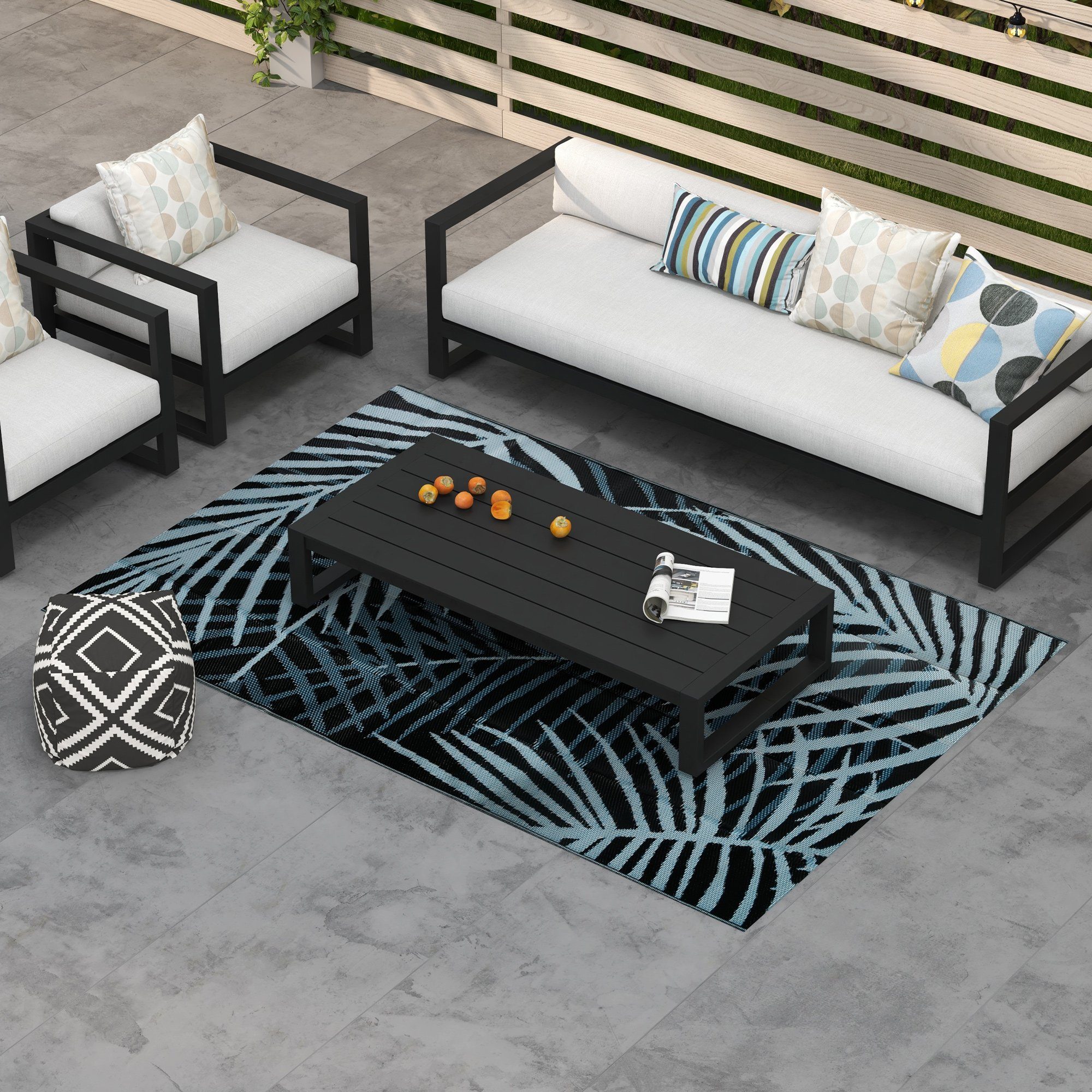 Outsunny Outdoorteppich Wendeteppich Wasserabweisender Kunststoffteppich mit Tragetasche, Rechteckig, Höhe: 0.3 mm, für Camping, Terrasse, 182 x 274 cm, Schwarz+Blau