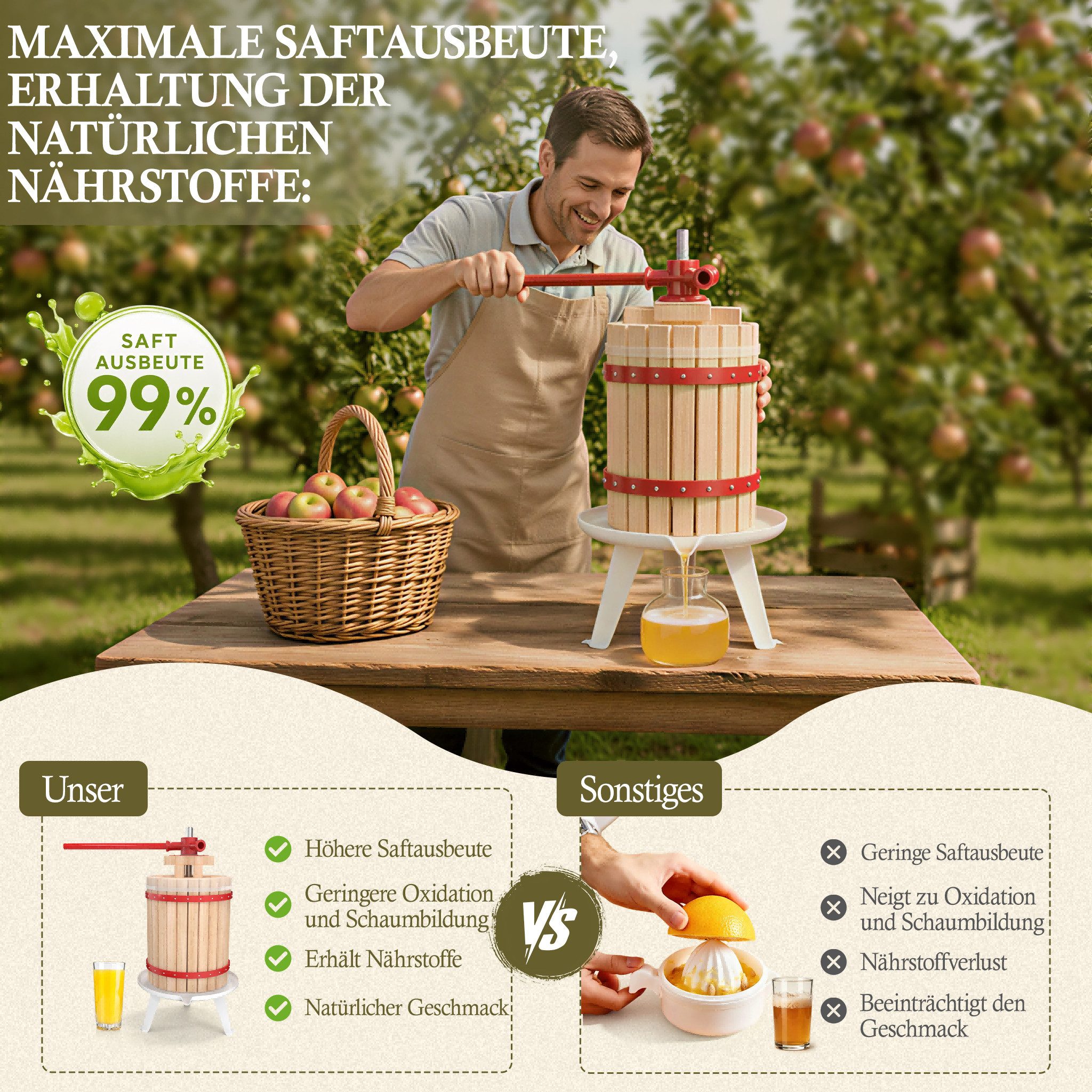 FIVMEN Entsafter Obstpresse Manuelle Fruchtpresse aus Buchenholz inkl. Presstuch, Weinpresse Saftpresse Maischepresse Obstmühle – Bild 5 von 5