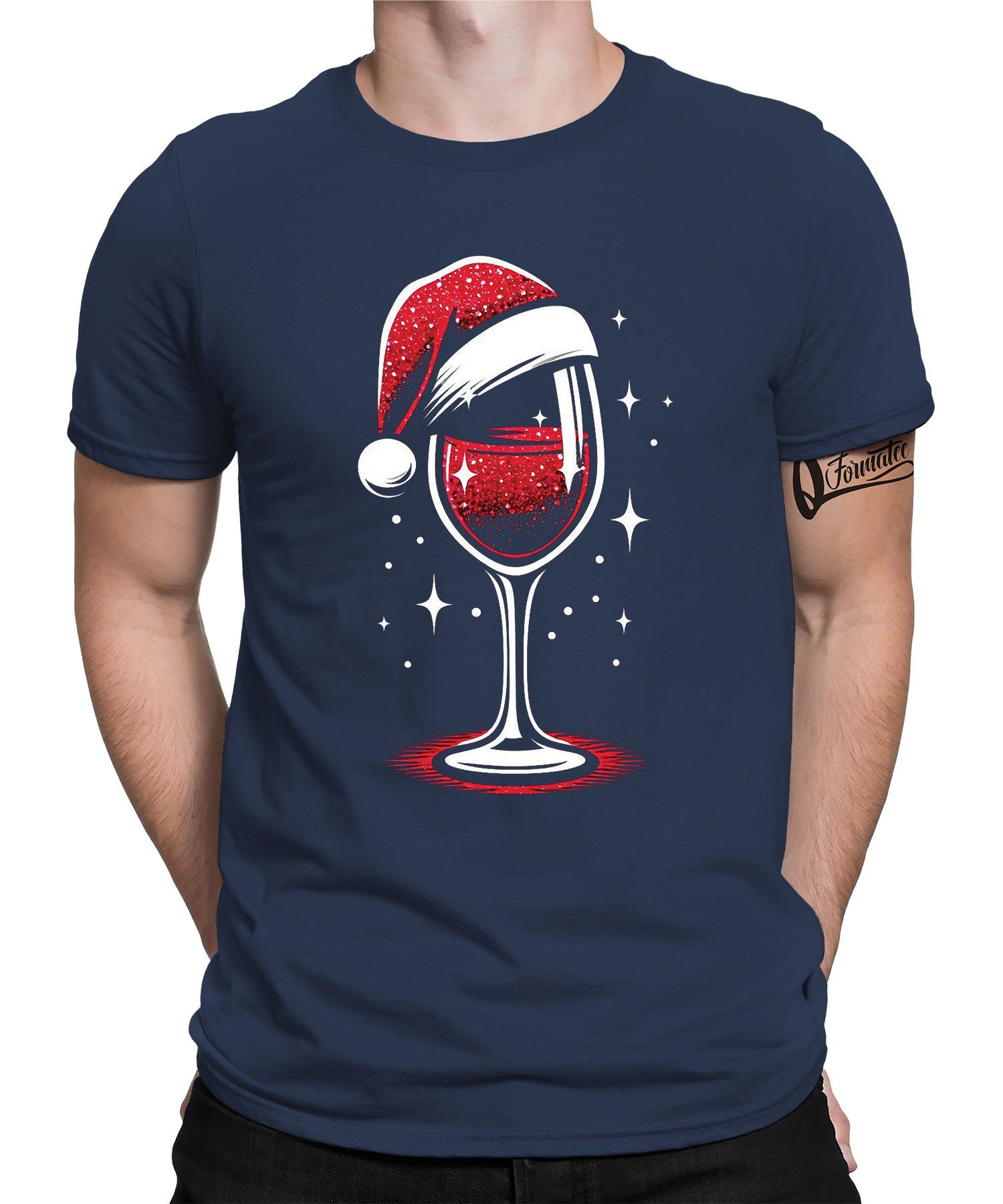 Navy Kurzarmshirt T-Shirt Herren Blau (1-tlg) Formatee Quattro X-mas Weihnachten - Christmas Wein Weinliebhaber