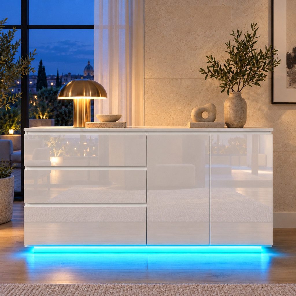 Simurq Kommode Hochglanz Sideboard Modern mit LED, 2 Türen und 3 Schubladen, Weiß (Packung, Hochglanz Buffetschrank Küchenschrank), Wohnzimmerschrank für Wohnzimmer, Esszimmer und Flur, 160x35x71 cm