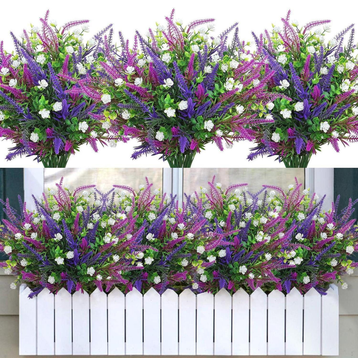 Kunstblumenstrauß Kunstblumen Balkon Wetterfest 12 Bündel Lila Fuchsia Weiss, LuxusKollektion