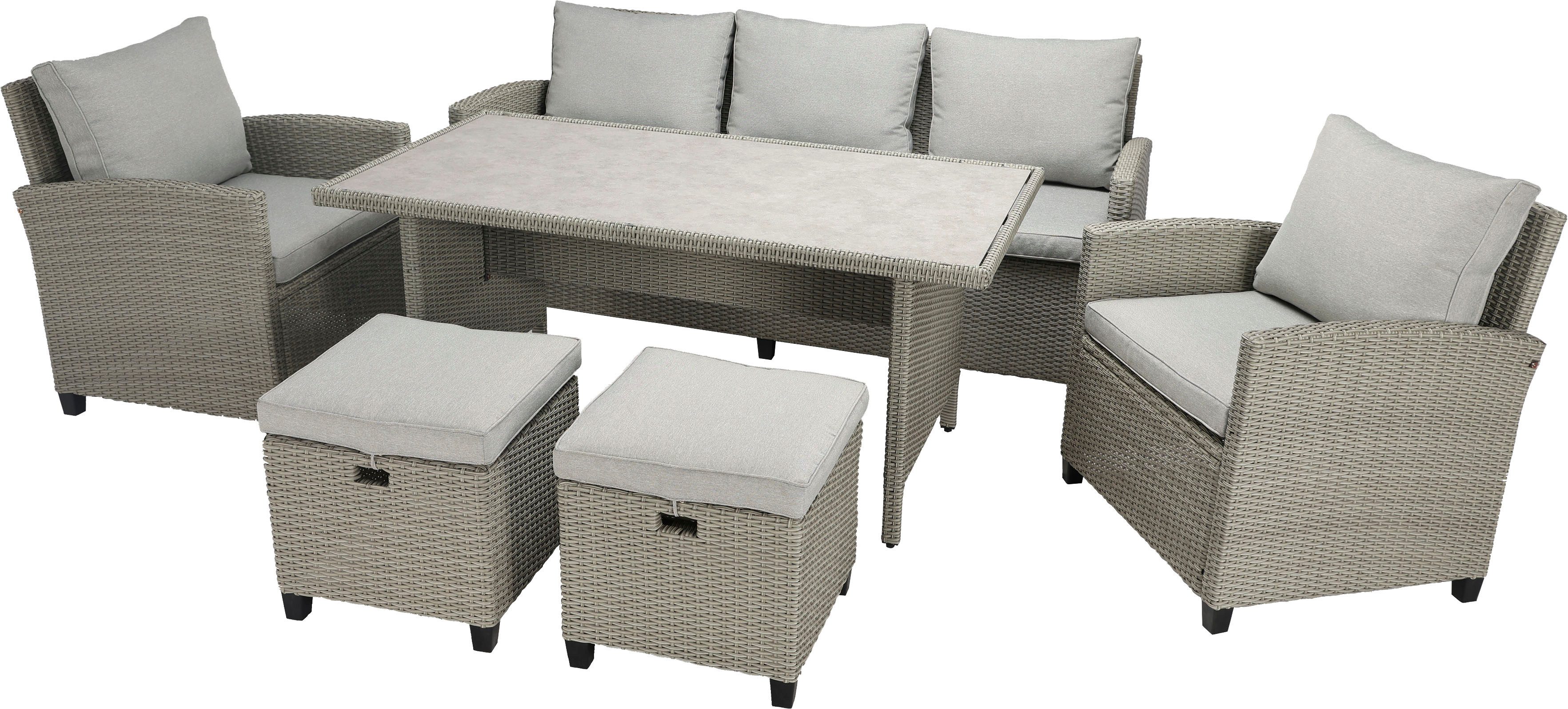 KONIFERA Gartenlounge-Set Amsterdam XL, (Set, 16-tlg), bestehend aus 2 Sesseln, 2 Hocker, 1 Sofa, 10 Sitzauflagen, 1 Tisch. Reduzierter Preis € 599,99. Unverbindliche Preisempfehlung € 1.149,99