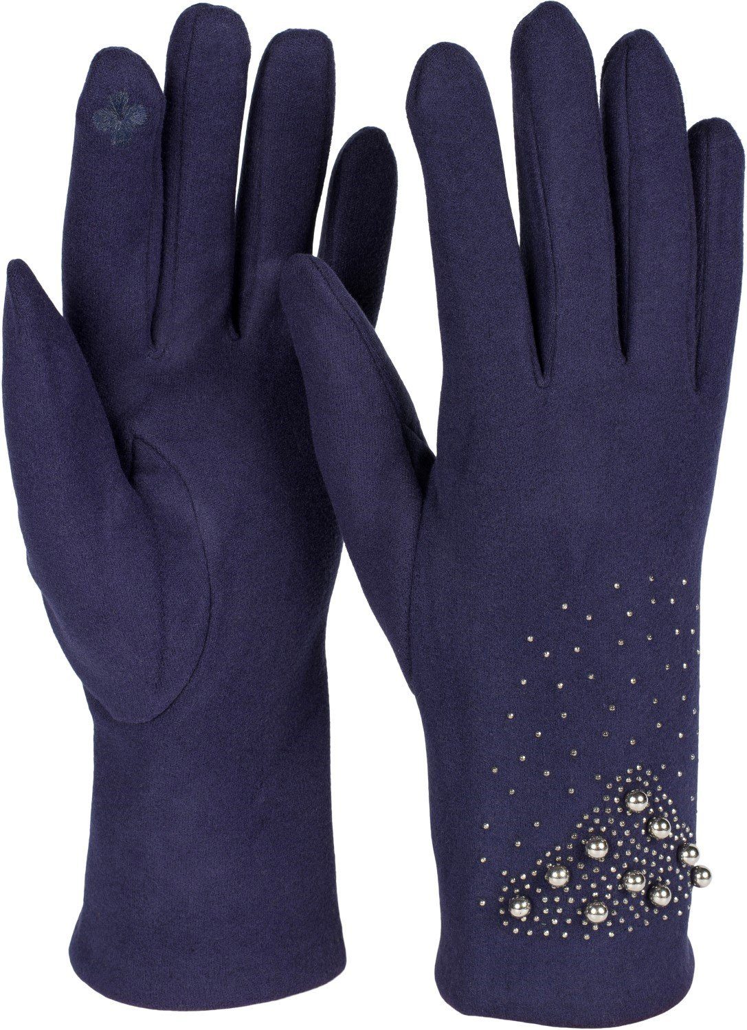 styleBREAKER Fleecehandschuhe Touchscreen Handschuhe mit Strass und Perlen Dunkelblau