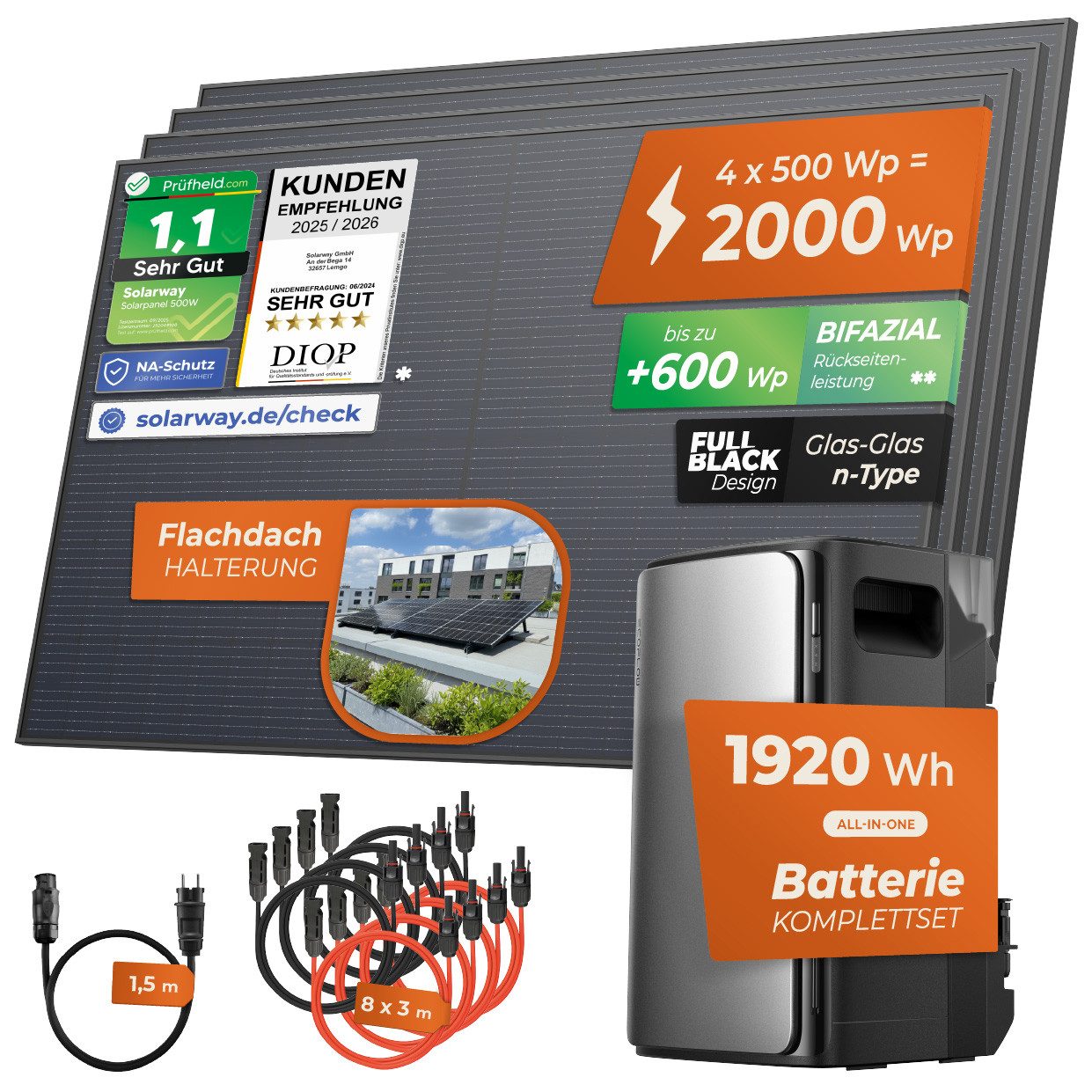 Solarway Balkonkraftwerk 2000Wp / 800W mit 1,9kWh EcoFlow Speicher komplett Steckdose, 2000 W, Monokristallin, Steckdose - 1,9 kWh EcoFlow Stream Ultra - Solaranlage Komplettset -