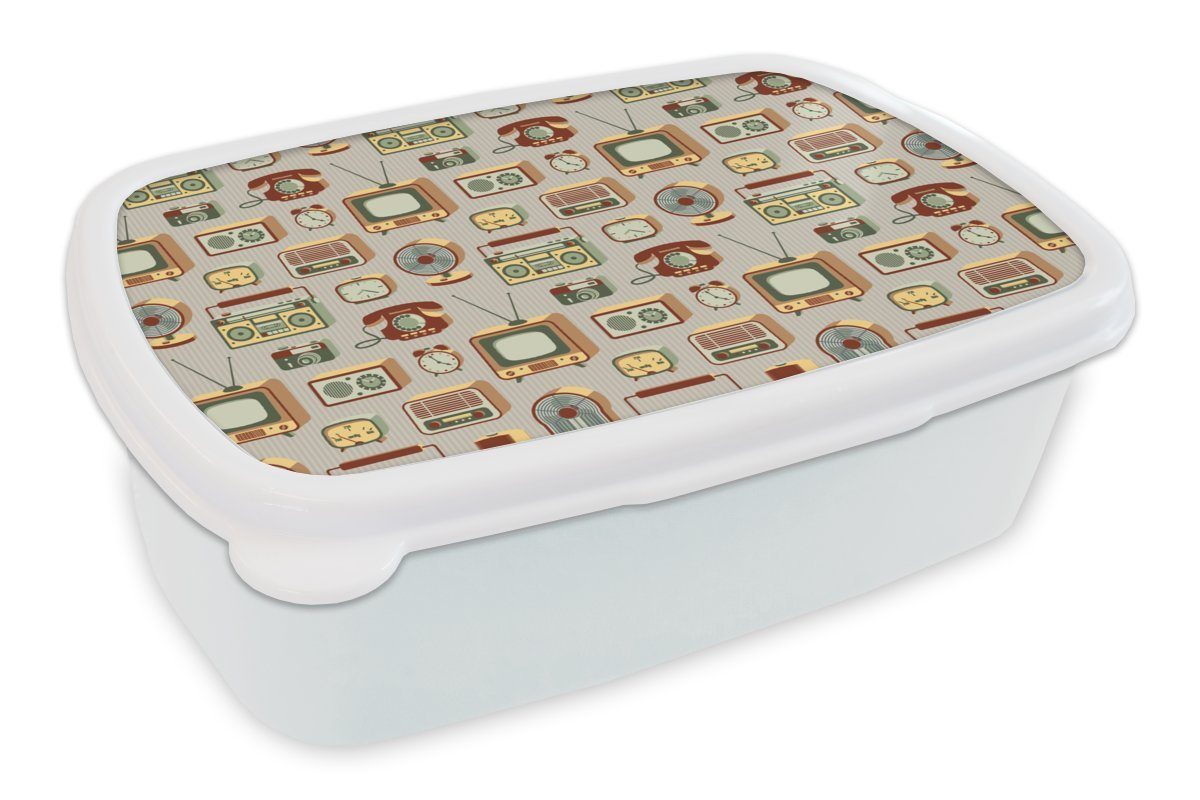MuchoWow Lunchbox Radio - Telefon - Retro - Muster, Kunststoff, (2-tlg), Brotbox für Kinder und Erwachsene, Brotdose, für Jungs und Mädchen weiß