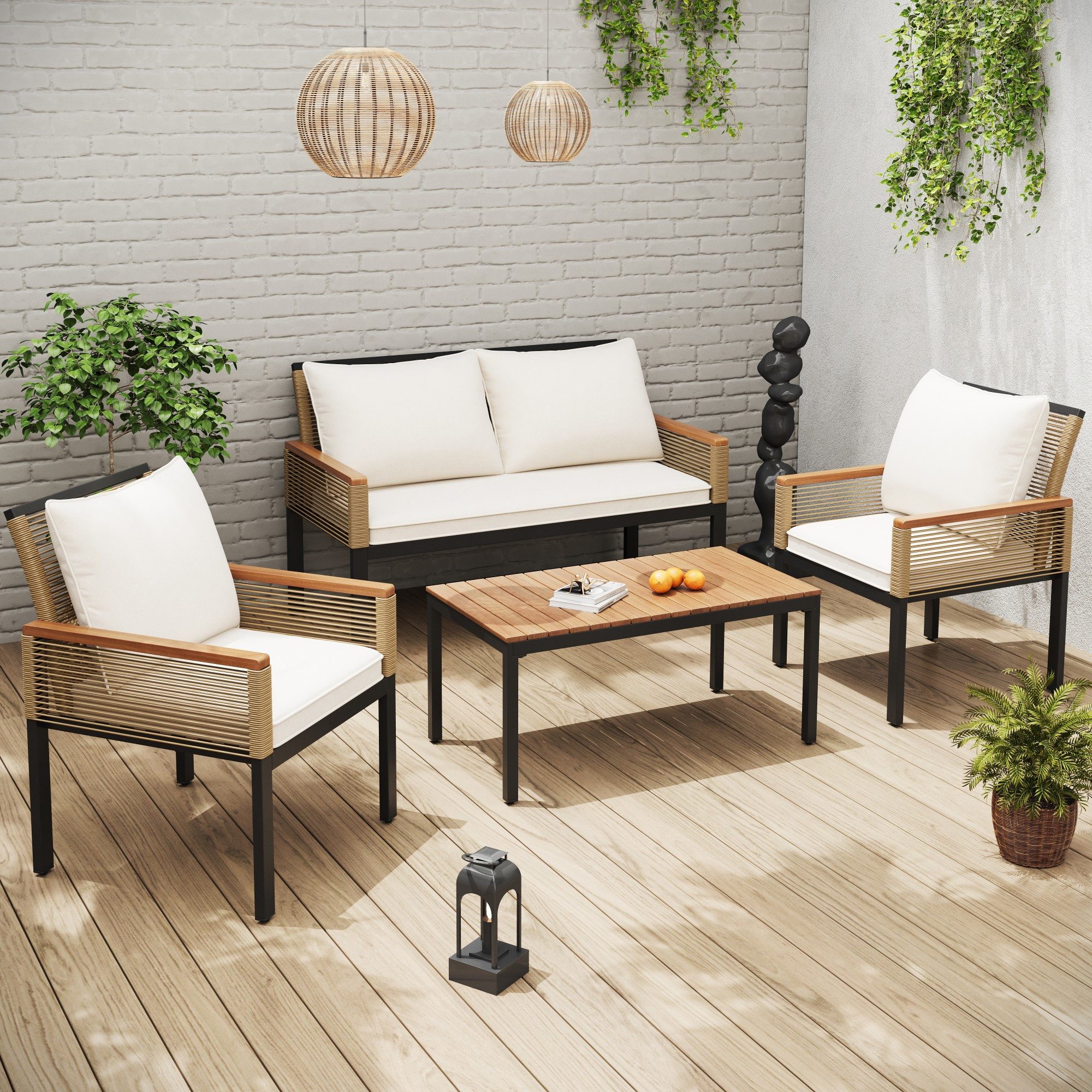 STILVORA Gartenlounge-Set Rattan Gartenmöbel Set mit 2-Sitzer-Sofa,2 Sessel und Tisch, beige, (Outdoor Loungemöbel-Set, Rattan, Doppelsofa Tisch und Stühle), für Strand, Garten, Innenhof, Balkon
