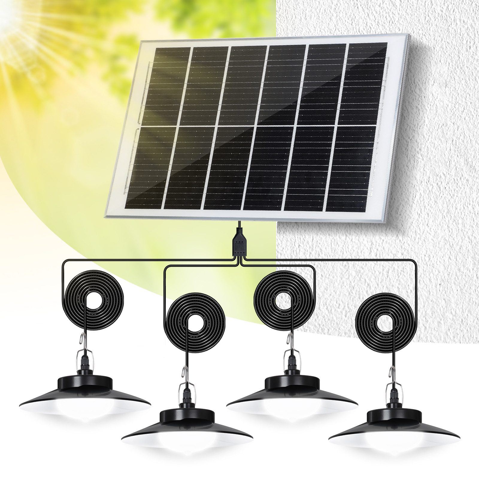 Jibenhome LED Solarleuchte Solar Pendelleuchten Außen 1/2/3/4 Kopf,mit Extra Großes Solarpanel, 5 Beleuchtungsmodi & Fernbedienung, mit 5m Kabel,für Garage, Patio