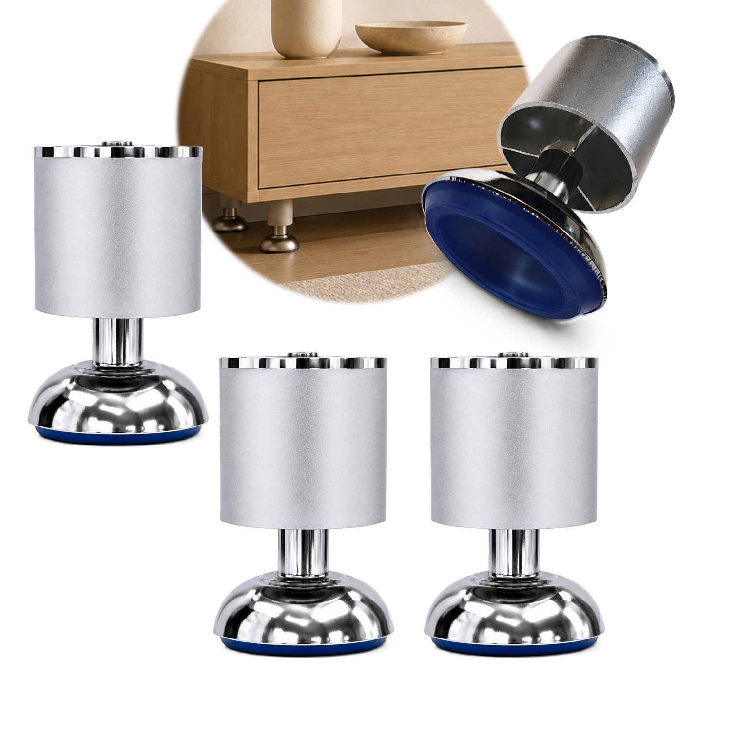 HOOZ Möbelfuß Aluminium matt 80mm höhenverstellbar 4er Set Stützfuß Ø58mm, (Set, 4-St., 4er-Set Möbelbeine), Bis 15 mm höhenverstellbar mit breitem Stützfuß Ø 58 mm
