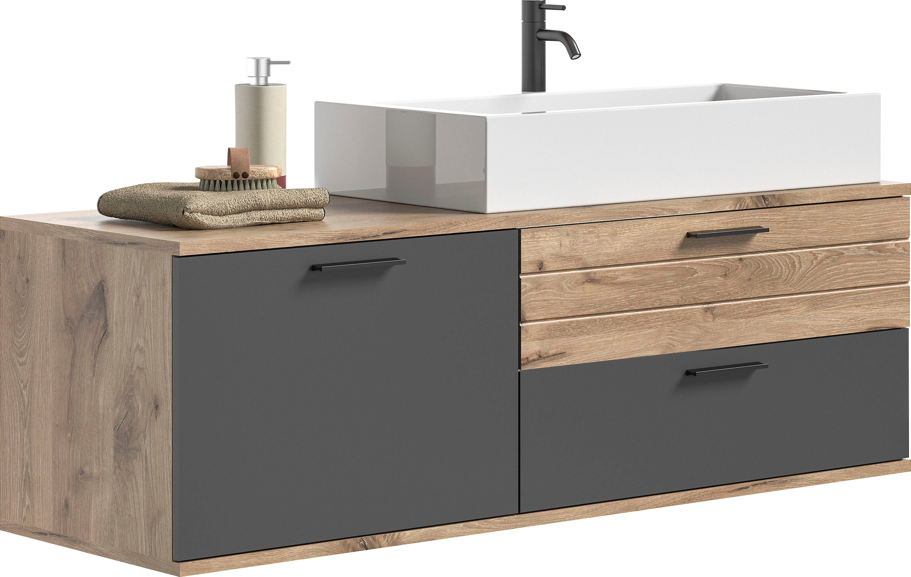 INOSIGN Waschtisch-Set Riga, Breite 140 cm, inkl. Aufsatzwaschbecken, 2 Schubkästen, 1 Tür, (Set, 1-St), Hängeschrank, Unterschrank, Badmöbel, Badschrank, Schrank, Bad