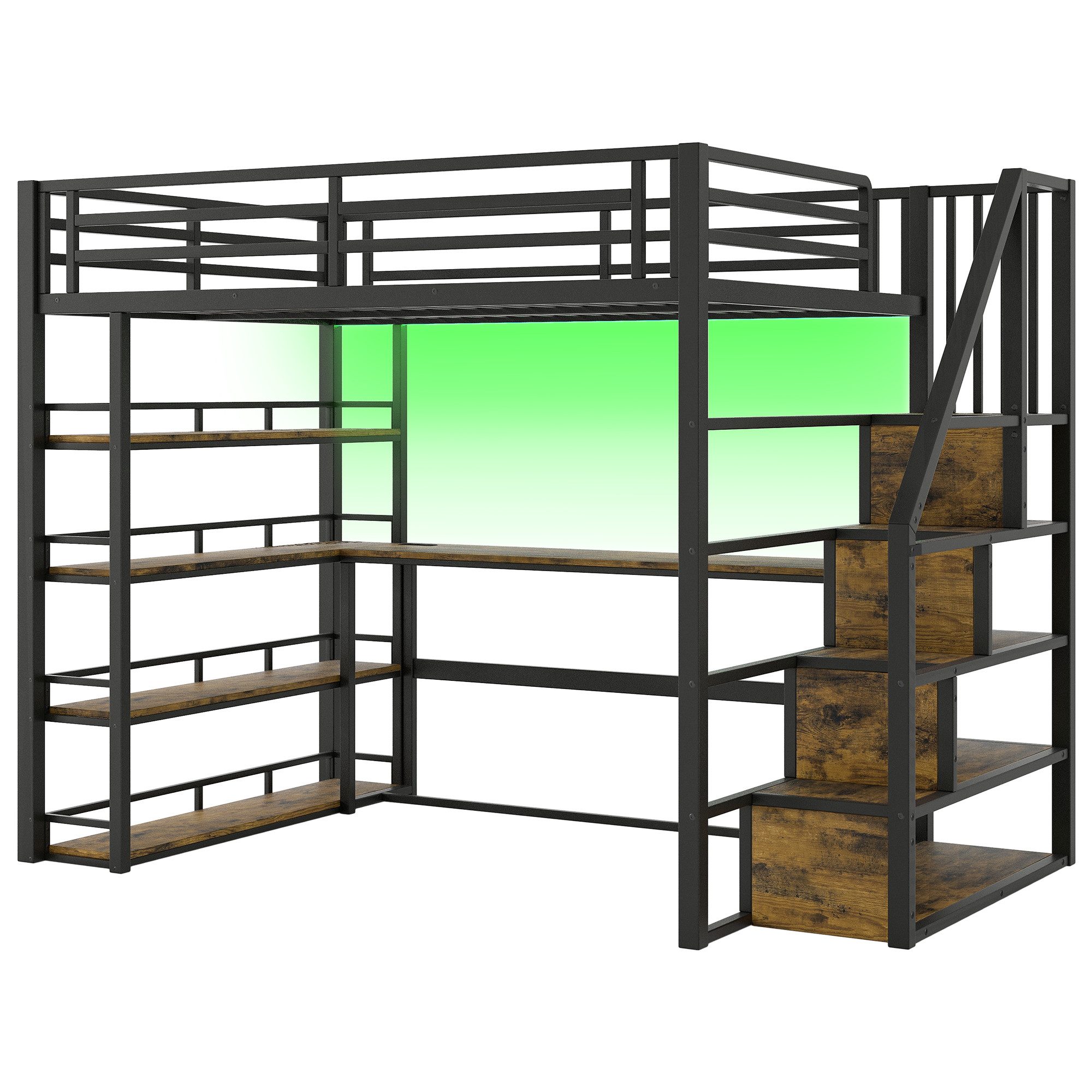 Flieks Loft Bed LED Metal Bed 140x200cm with Storage Staircase, Desk and Charging