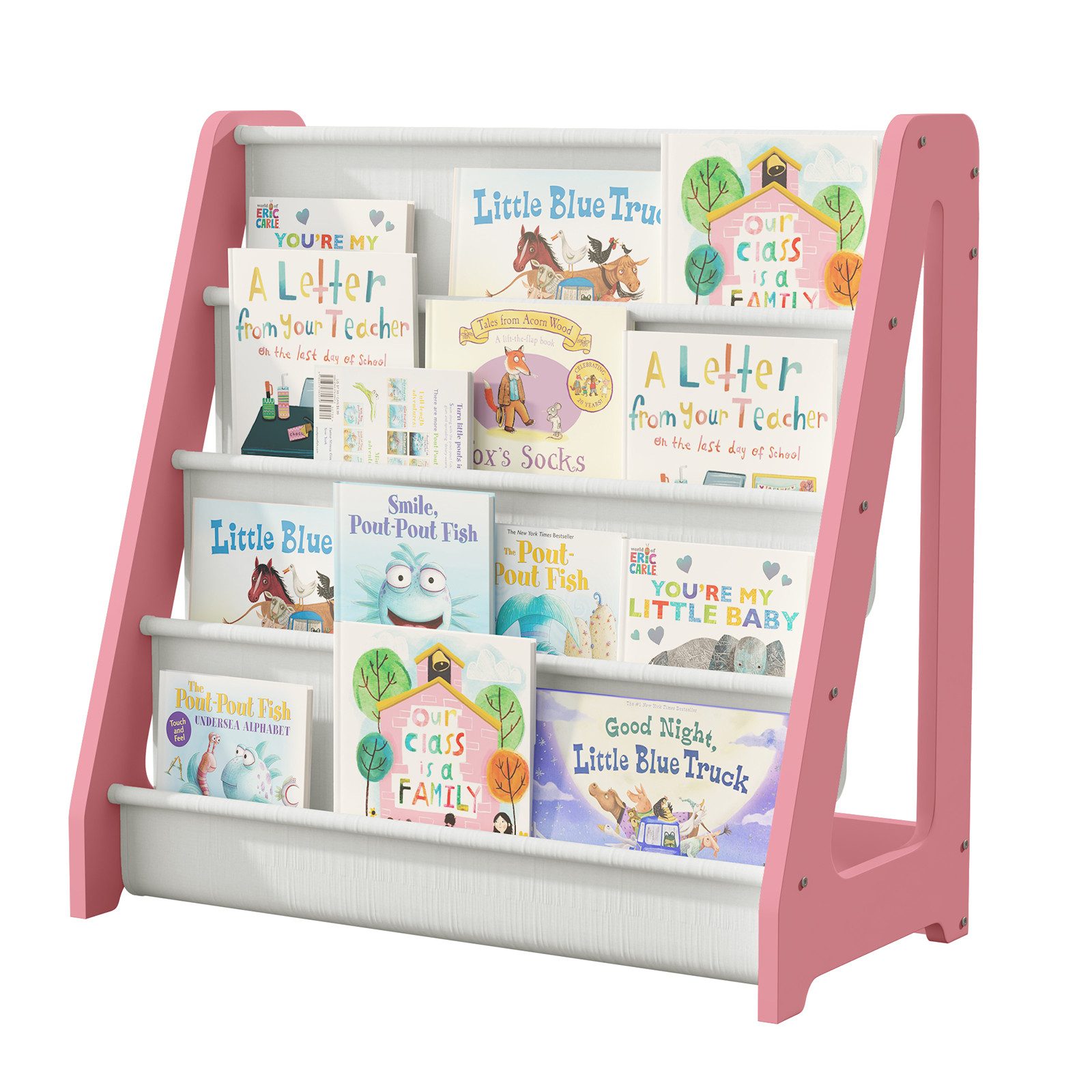 radelldar Bücherregal 4 Etagen Kinderregal, mit 4 Taschen, aus Holz, Vliesstoff, 60x30x60cm