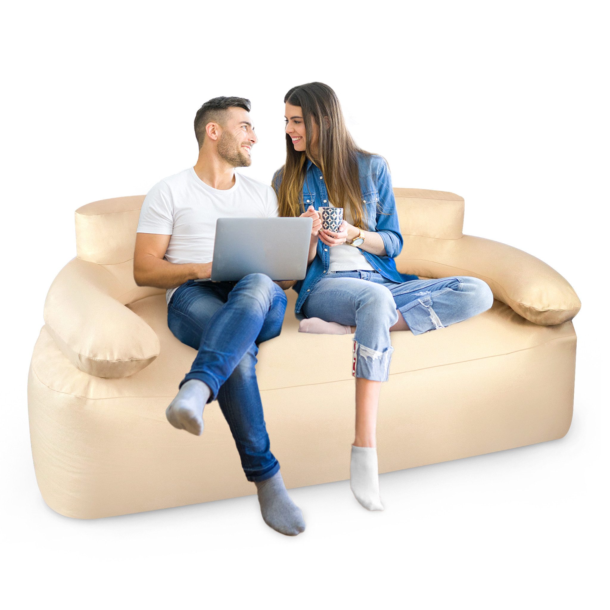 AUFUN Luftsofa Aufblasbares Sofa mit Rückenlehnen und Armlehnen, Khaki, Einfache Lagerung