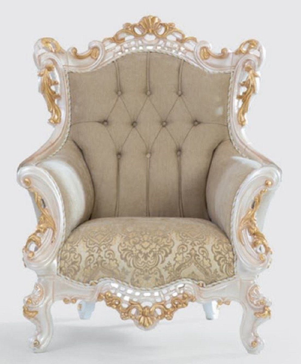 elegantem Padrino Barock / Wohnzimmer Barock x Sessel Edel mit Handgefertigter Prunkvoll Sessel Greige Muster Möbel Sessel / - & Casa 125 cm Weiß - 100 - 80 H. Gold x Luxus Wohnzimmer