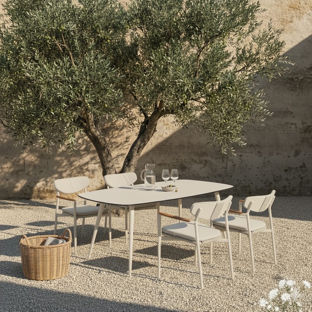 CASA DOMA Garten-Essgruppe Farini/Napola, (Outdoor-Essgruppe, 5-tlg., bootsförmiger HPL-Tisch), stapelbare Stühle, inkl. Sitz- und Rückenkissen, Aluminium cream