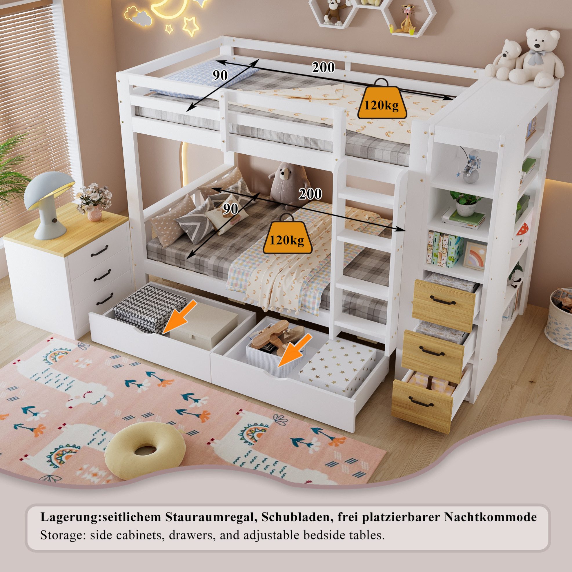 MODFU Etagenbett Funktionsbett mit Aufbewahrungssystem durch Bettkästen und Schubladen (90x200 cm Kinderbett mit seitlichem Regal, Leiter und frei stellbarer Nachtablage, Stauraumbett Holzbett), ohne Matratze