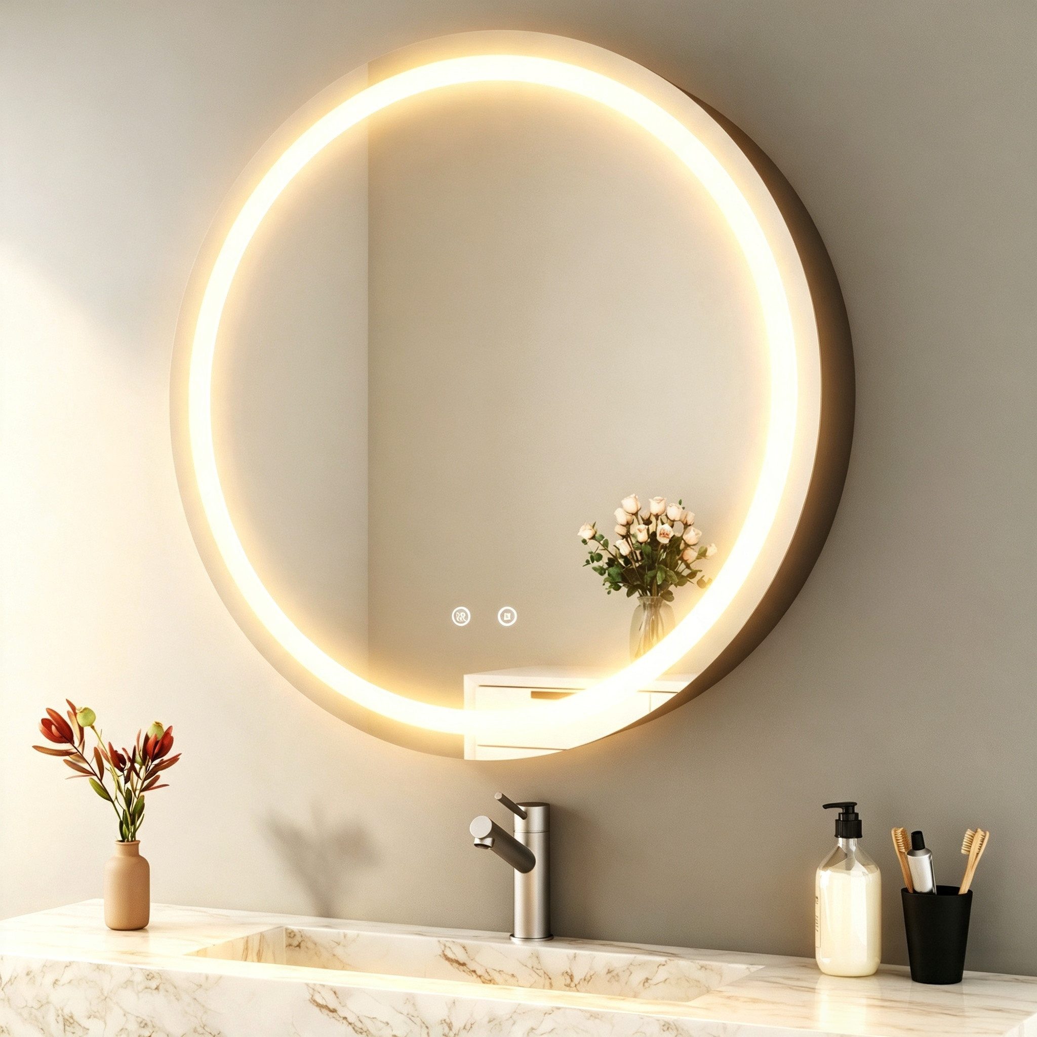 WDWRITTI Spiegelschrank Bad mit Beleuchtung Badezimmerspiegelschrank mit LED ∅80cm, ∅60cm (Wandschrank Badezimmer Rund 60x60cm 80x80cm, 3Lichtfarben, Dimmbar, Anti-fog, Speicherfunktion) Metall Schrank, Stahlblechregale, mit Netzadapter, IP44