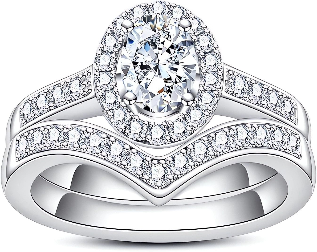 Jumpeak Diamantring 1 Karat E VS2 2EX Ovaler Diamant Eheringe Labordiamant Hochzeitsjewel (Set, trauringe eheringe set 2 teilig,Schmuck Hochzeit,Frauen Geschenk), 14K Diamantring Damen Weißgold Brautset Wellenform-Ring Zweiteiler