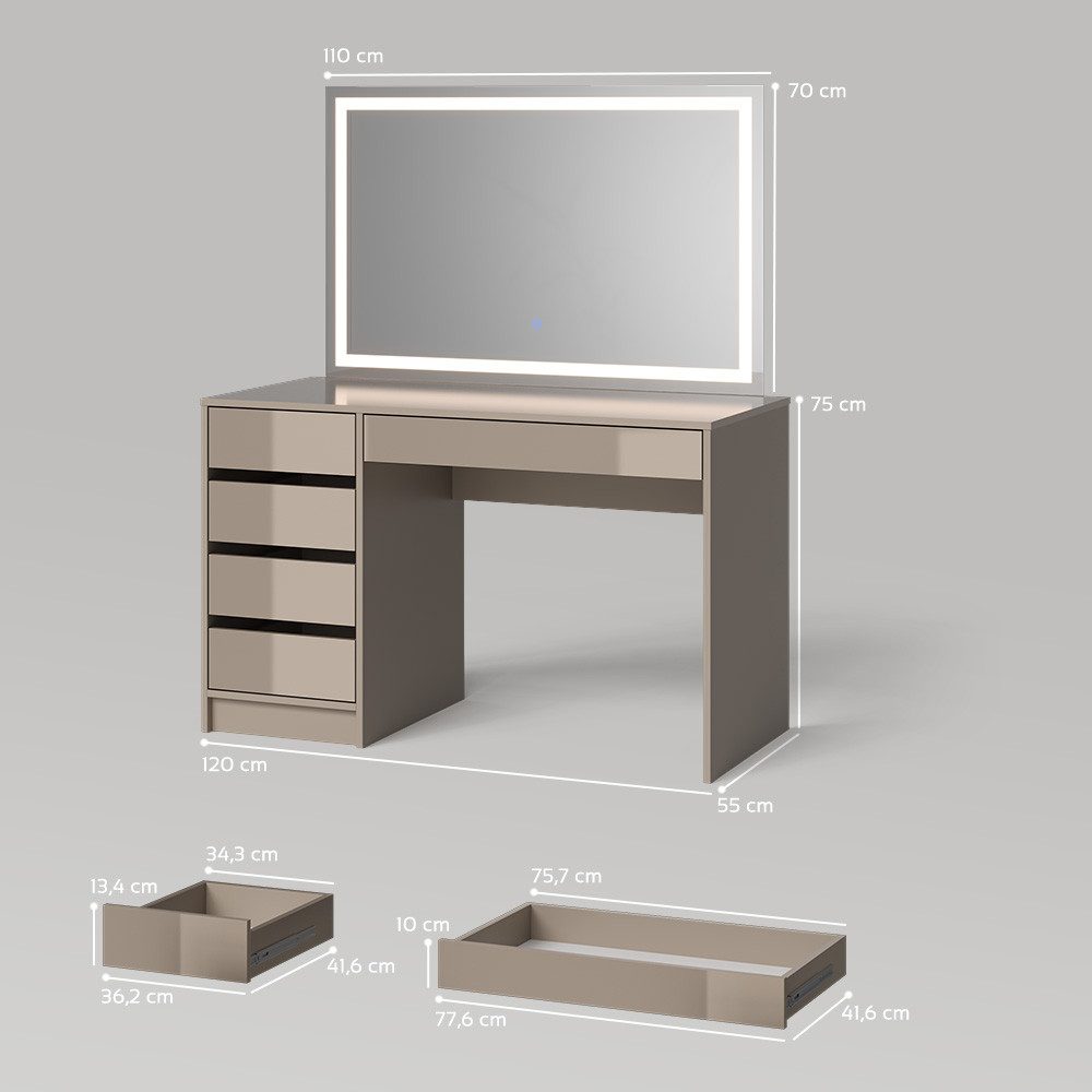 Livinity® Schminktisch Imola, Greige, 120 cm mit LED-Spiegel (3-St)